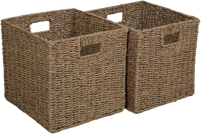 Wovenhill Set of 2 Seagrass Square Wicker Baskets | Handmade Woven Storage Box | W32 x D33 x H32cm | Natural Brown