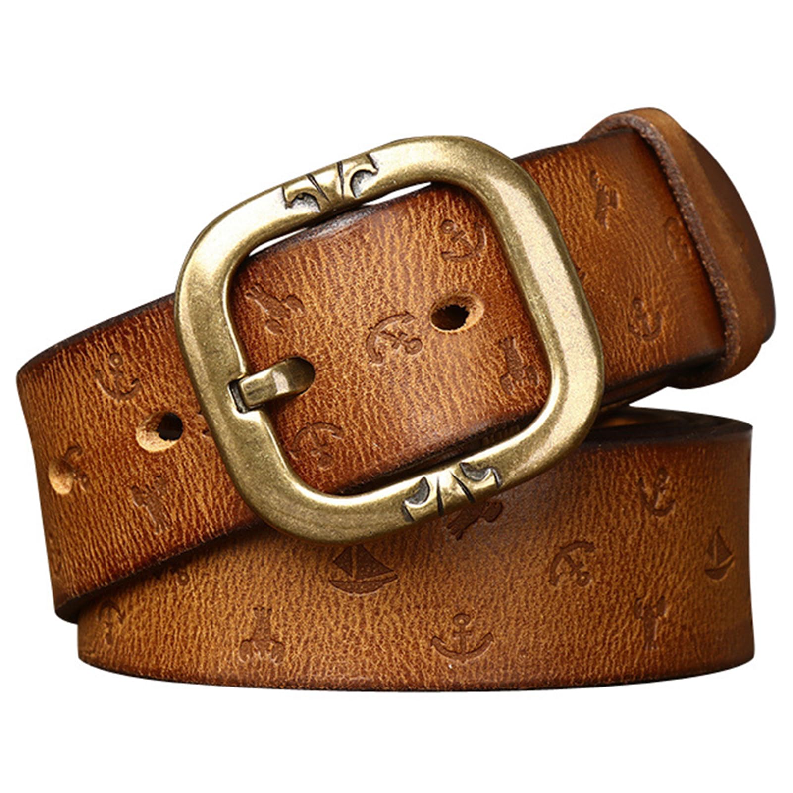 OBASDFD Embossed Leather Belt For Men Women - Genuine Cowhide, Handcrafted Engraved Strap 3.8cm, Pin Buckle Waistband(Brown,115cm/45)