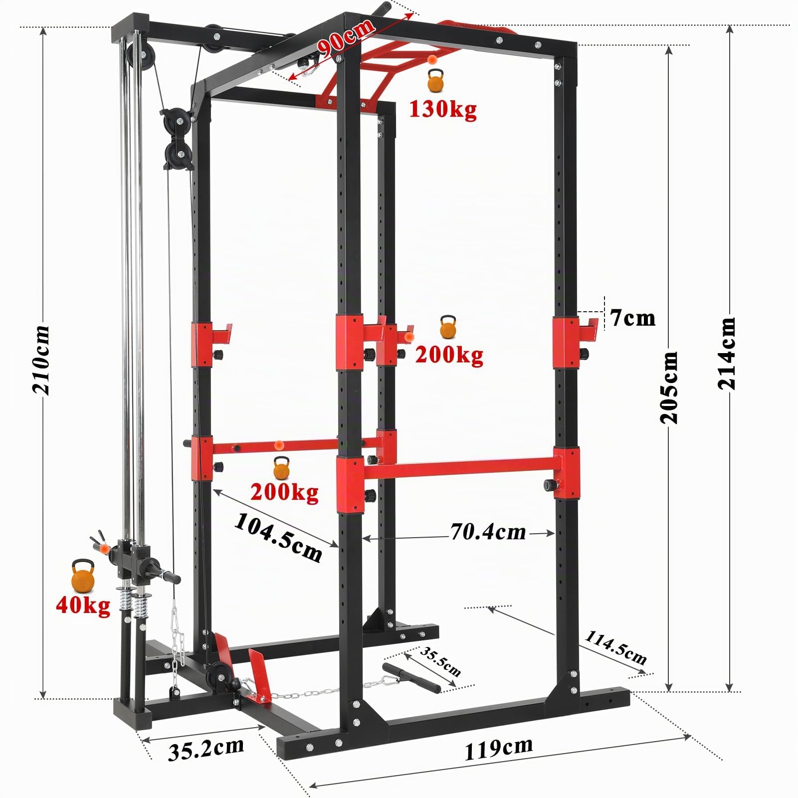ISE Cage de Musculation Power Rack Cage Squat, Station de Musculation, Barre de Traction et Dips, Barre Multi-Prises et Maintien des Jambes Réglable, Cage Musculation Acier, Rack Musculation