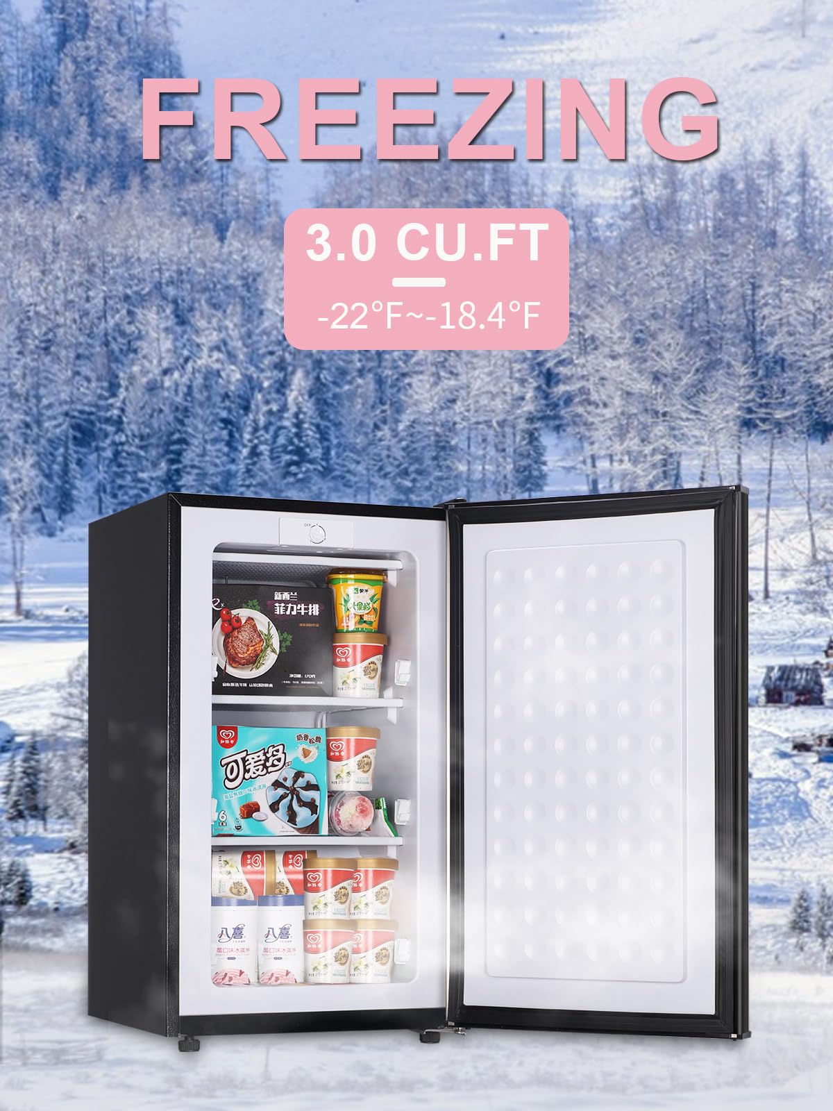 3.2 Cu.Ft Upright Freezer With 3-Grade Temperature Control, Krib Bling Mini Freezer With Wire Shelves, Suitable For Basement, Office, Black on Fridge.com - View 6