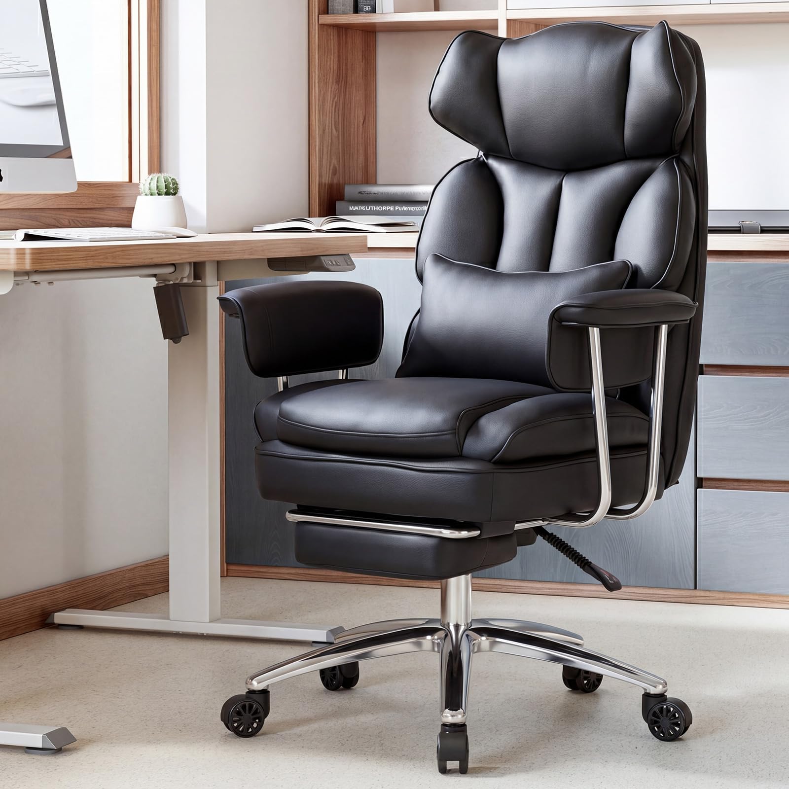 Sweetcrispy Chefsessel für Heimbüro, ergonomisch, groß, hohe Rückenlehne, mit Fußstütze und Lendenwirbelstütze, höhenverstellbar, bequemes PU-Leder, Computer-Gaming mit drehbaren Rädern, Schwarz