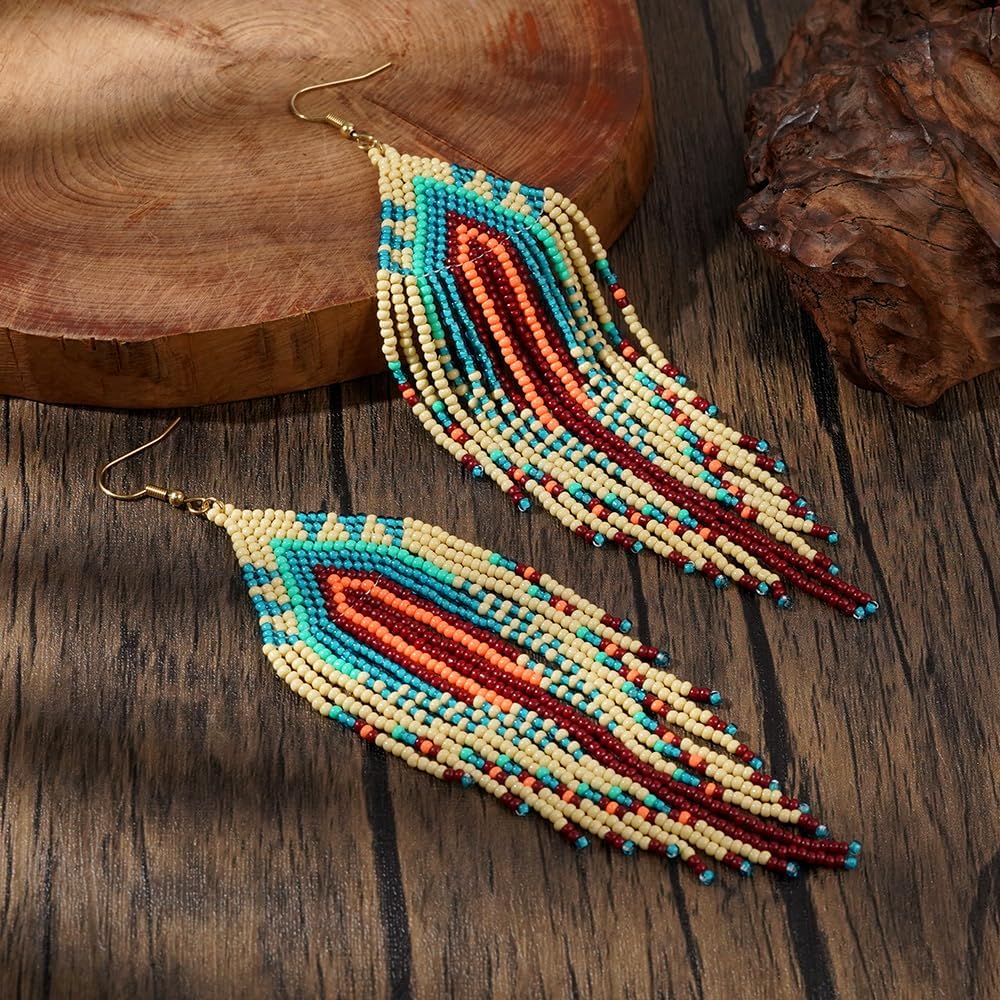 Bohemian Tassel Colorful Beaded Earrings For Women Trendy, Long Fringe Feather Drop Jewelry Handmade Gifts. - Image 5