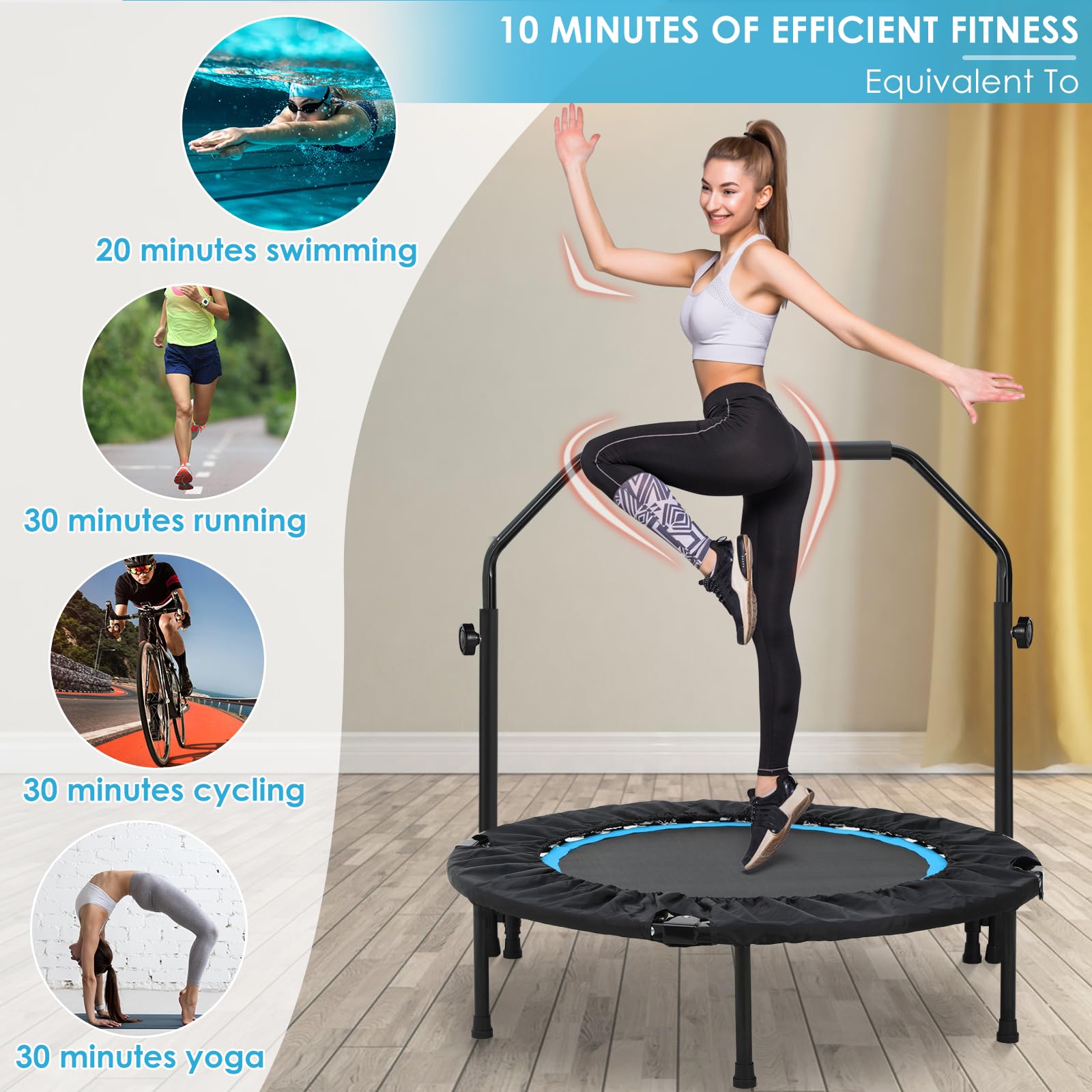 LIFERUN Trampolino elastico pieghevole per adulti e bambini, diametro 101 cm, capacità 150 kg, corrimano regolabile