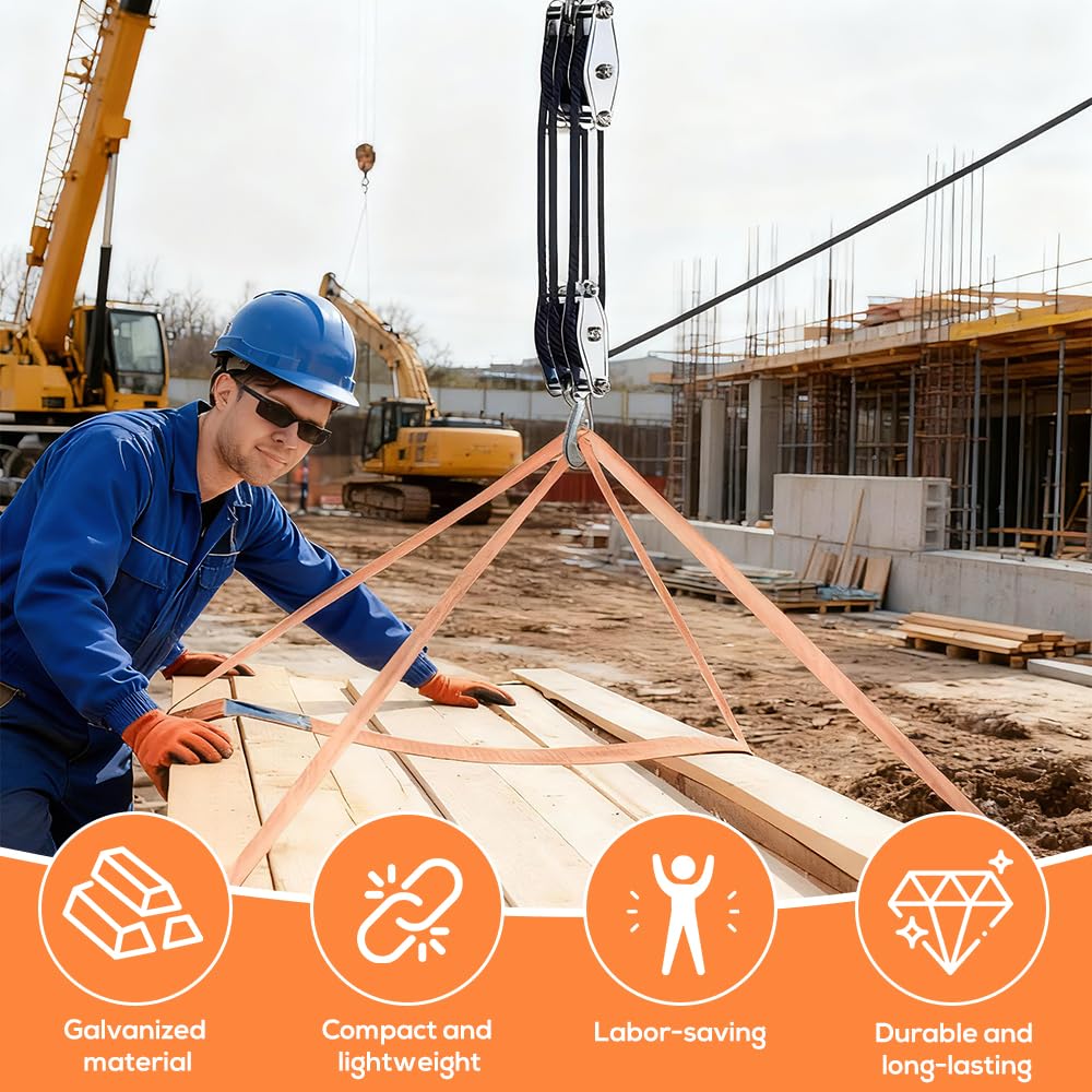 Polipasto Manual, HOVCEH Poleas de Carga Capacidad 2200lbs, Poleas para Cuerda 20m con Gancho de Seguridad, 4 Juegos de Polea Para Obras Industriales, Altura de Elevación 2,5 m