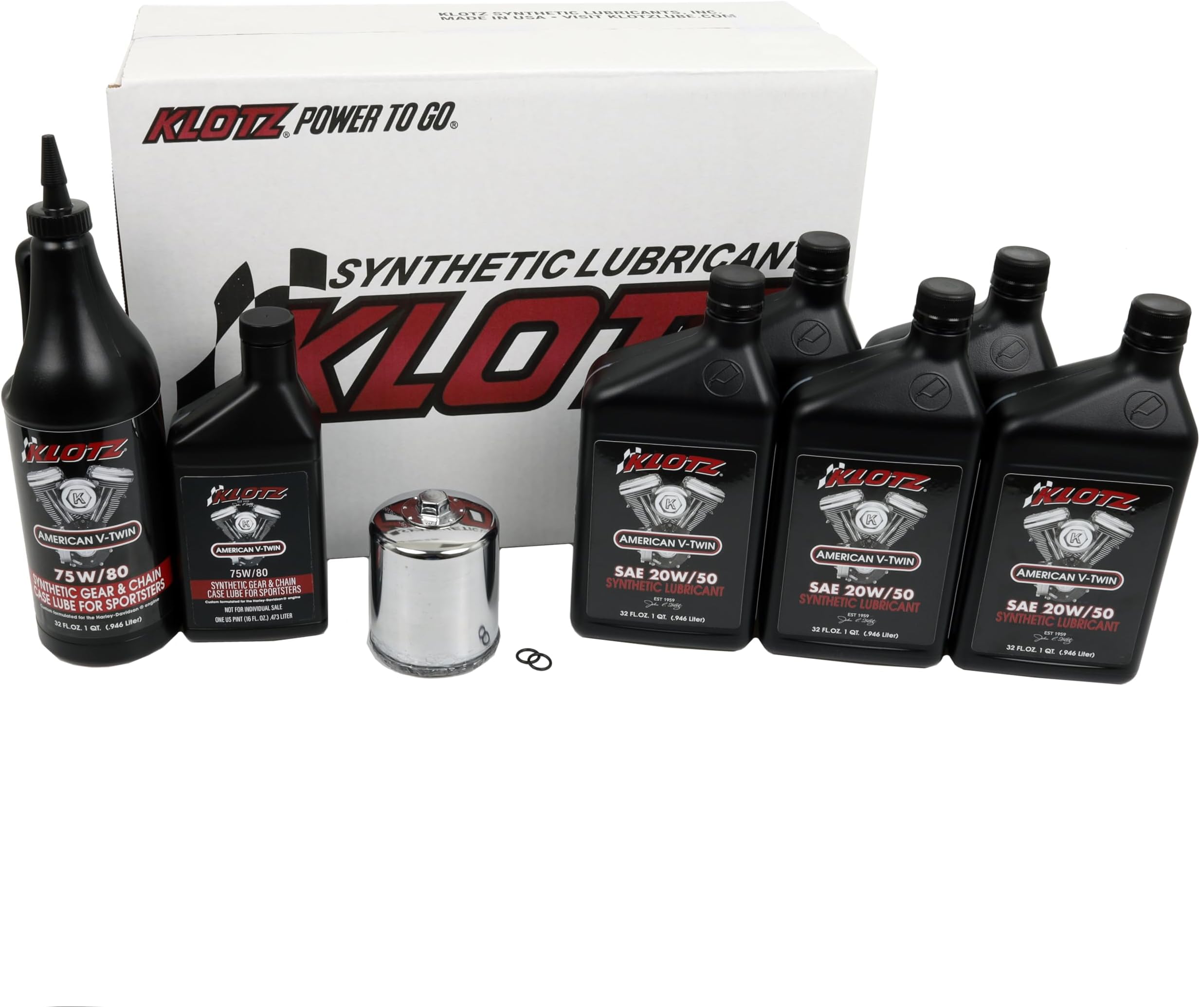 Klotz 5 Quart 20W/50 Synthetic Motor Oil Change Kit for 1986-2022 Evolution Sportster – Premium Kit