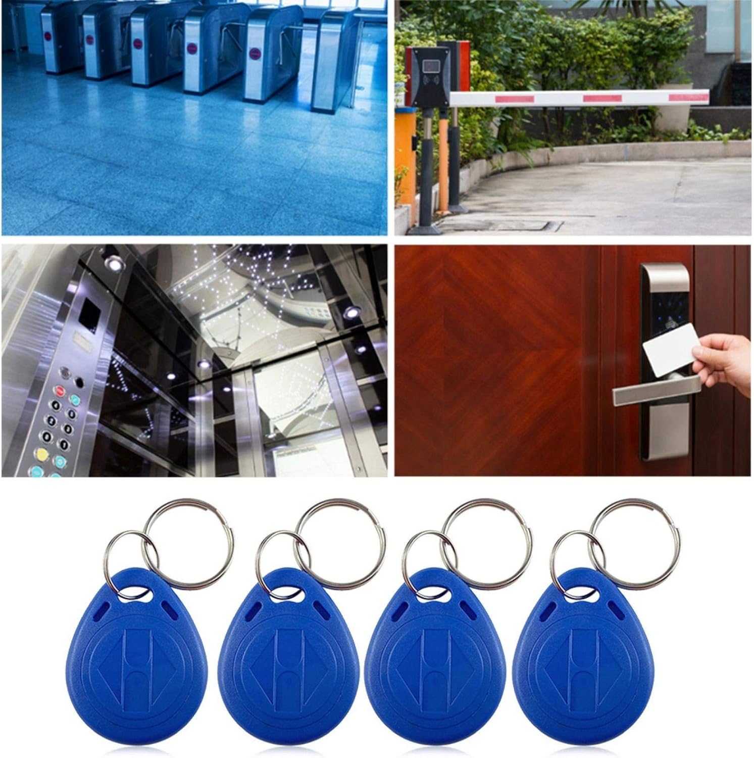 Collage showing various access control applications: turnstiles, barrier gate, elevator, and a door lock with an RFID card.