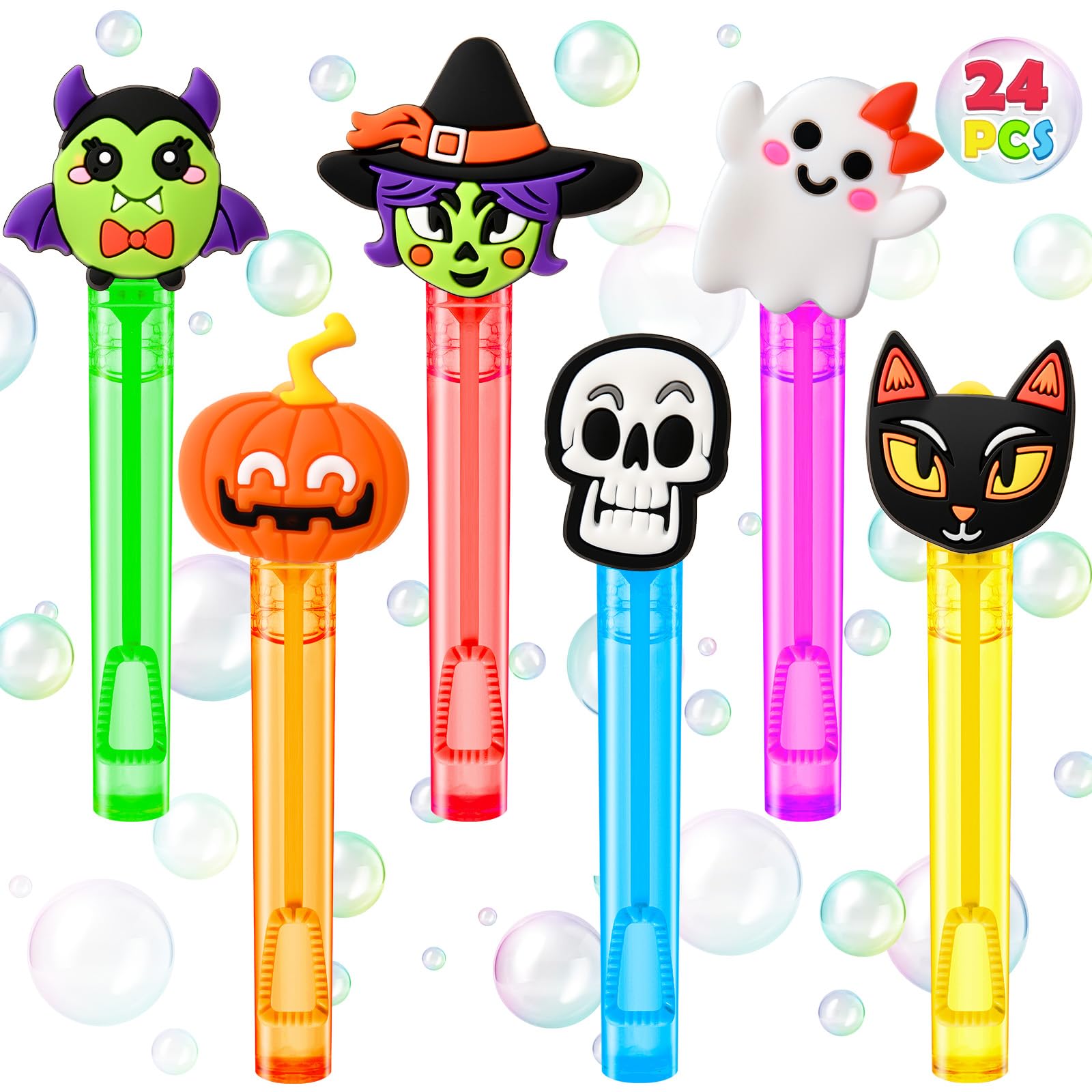 Winrayk 24 Pack Mini Halloween Bubbles Wand Party Favors for Kids, Bubble Wands Bulk & Detachable Topper (Pumpkin Bat Skeleton Witch Ghost Cat) Goodie Bag Stuffer Halloween Birthday Pinata Treat Decor