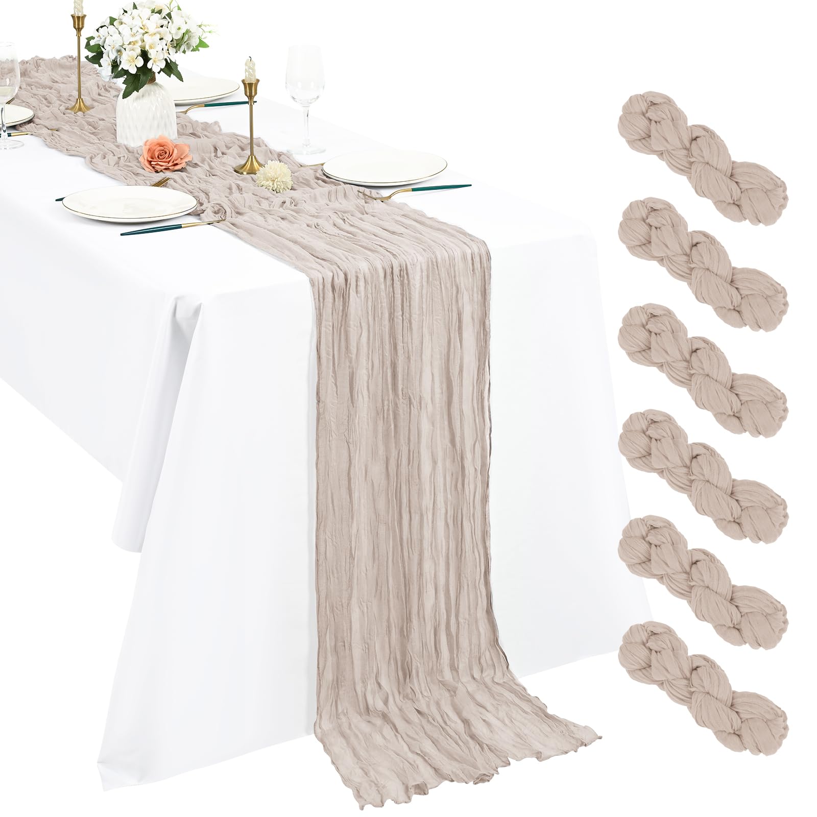 6 Pack Brown Grey Cheesecloth Table Runner, 10Ft Boho Gauze Table Runner 21×120 Inch Rustic Romantic Long Table Runner for Wedding Party Bridal Shower Thanksgiving Christmas Decoration