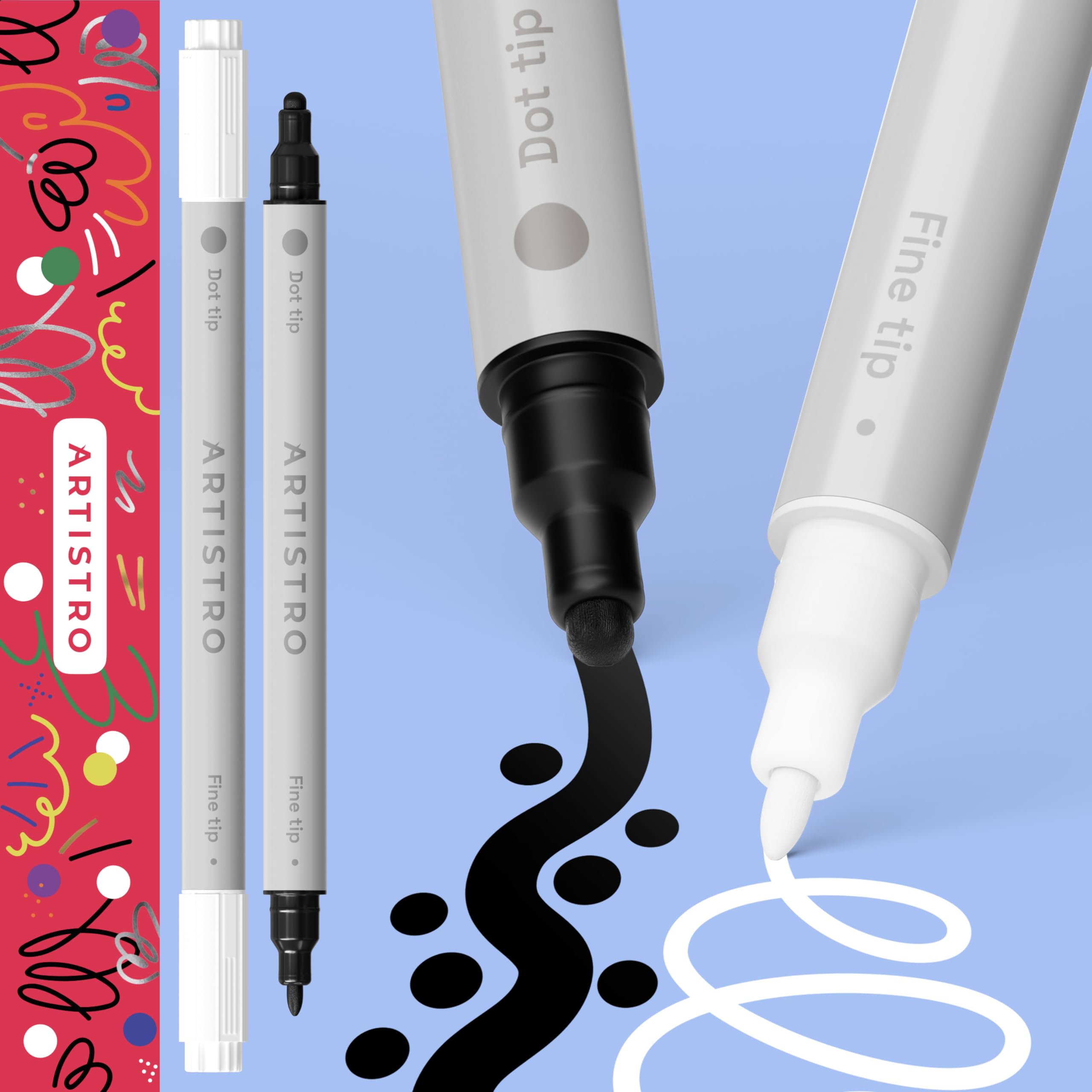 ARTISTRO White &amp; Black Dual-Tip Acrylic Paint Pens - Set of 2 | 5mm Dot + 1mm Fine Tips, Multisurface Markers, Perfect for Glass, Rock, Fabric, Wood, Plastic, &amp; More