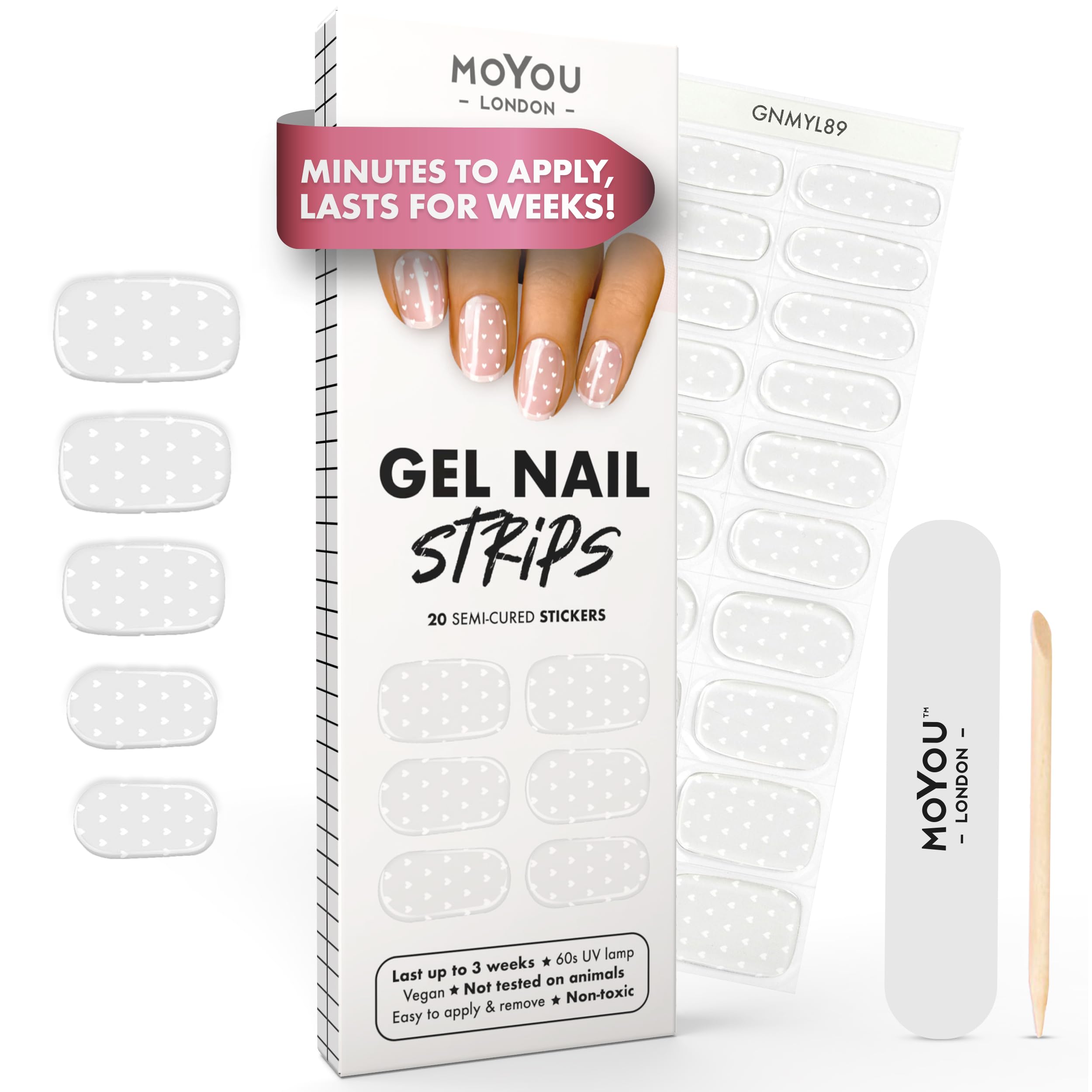 MOYOU LONDON Semi Cured Gel Nail Strips - 20 Pcs. Waterproof Gel Nail Wraps, Cures in Sunlight or UV/LED Lamp, Lasts Up to 2+ Weeks, Stretchable, Easy
