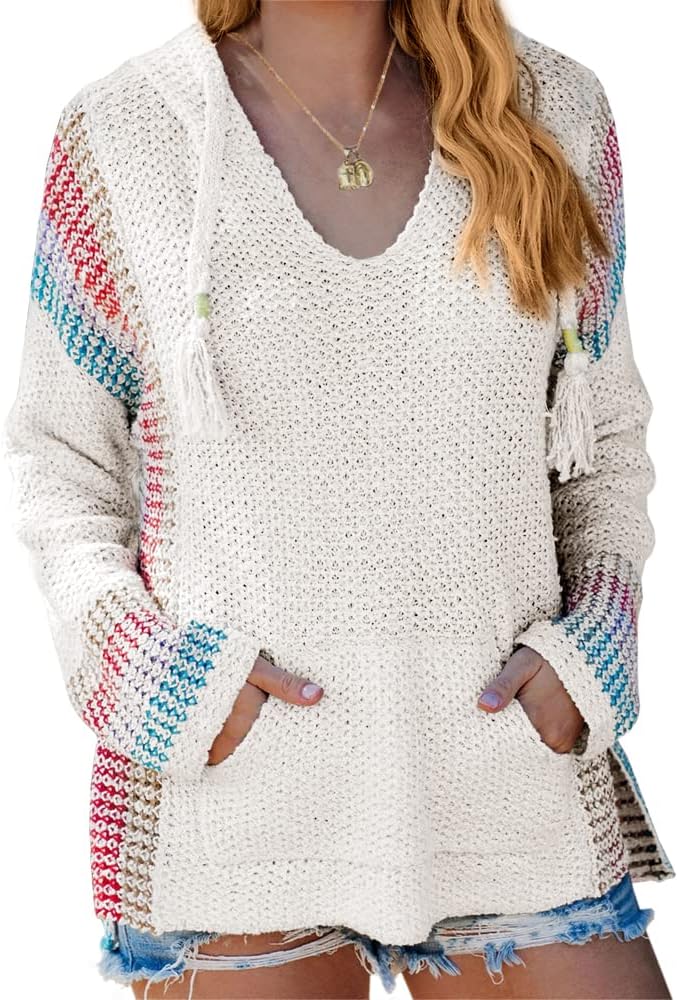 FERBIA Women Boho Sweater Hooded Hoodie Baja Colorblock Pullover Striped V Neck Mexican Knit Christmas Sweatshirt