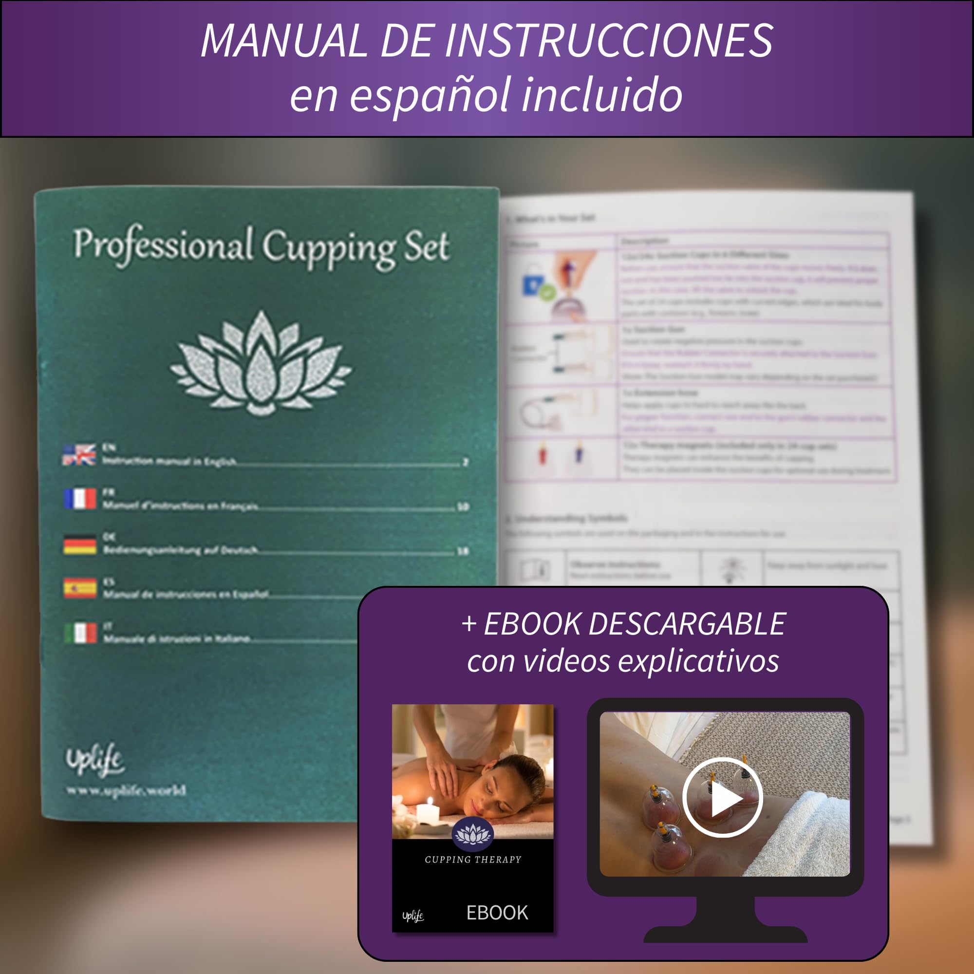 Uplife Set de 12 Ventosas Fisioterapia - Ventosaterapia Masaje de Espalda, Dolor de Espalda y Cuello, Vacumterapia Glúteos - Masajeador para Celulitis y Masaje Anticelulítico Reductor
