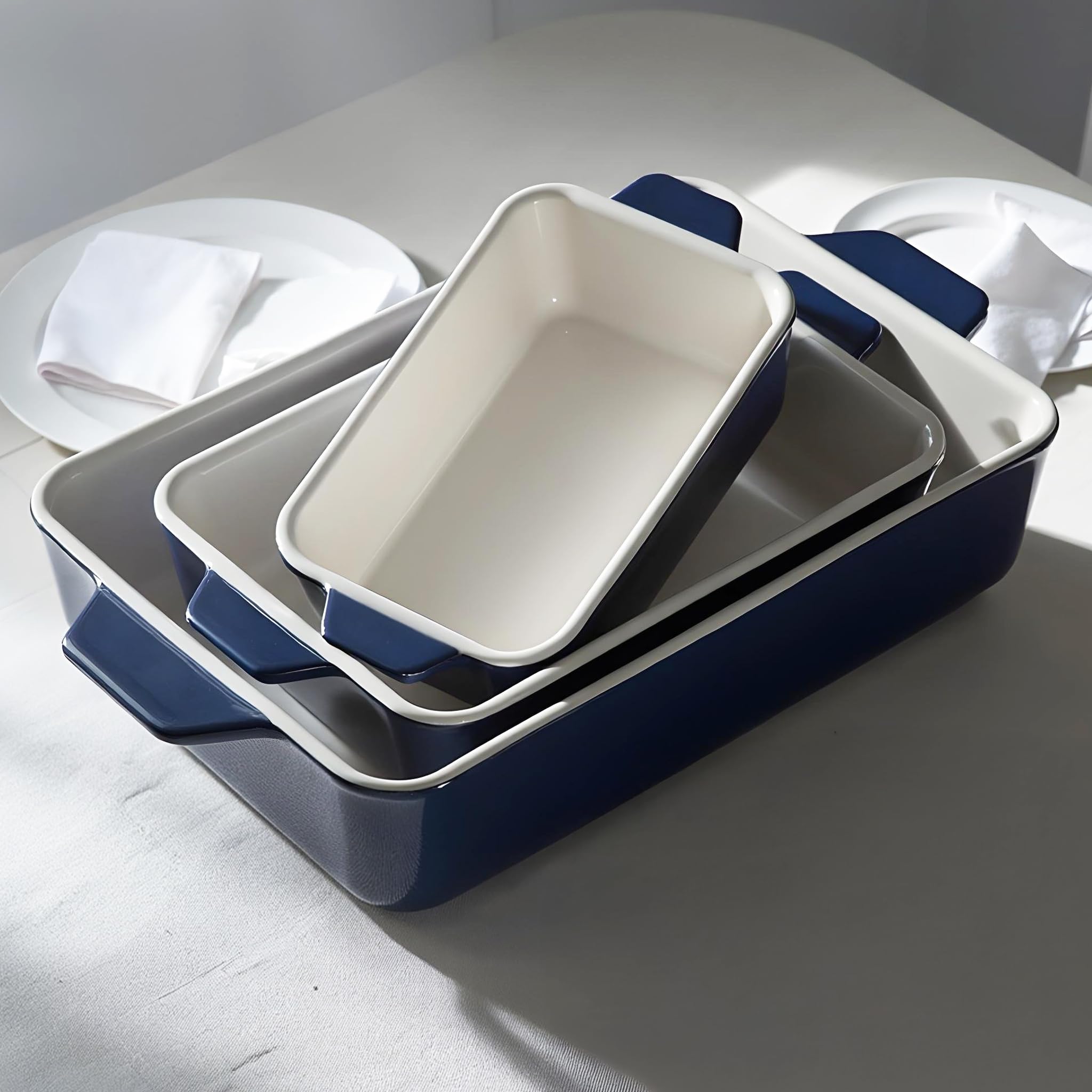 Kook Ceramiczny zestaw naczyń do pieczenia, prostokątne naczynia do pieczenia, do zapiekanek, lasagne, ciasto, małe, średnie i duże patelnie, nadaje się do kuchenki mikrofalowej i zmywarki, zestaw 3 sztuk (granatowy)