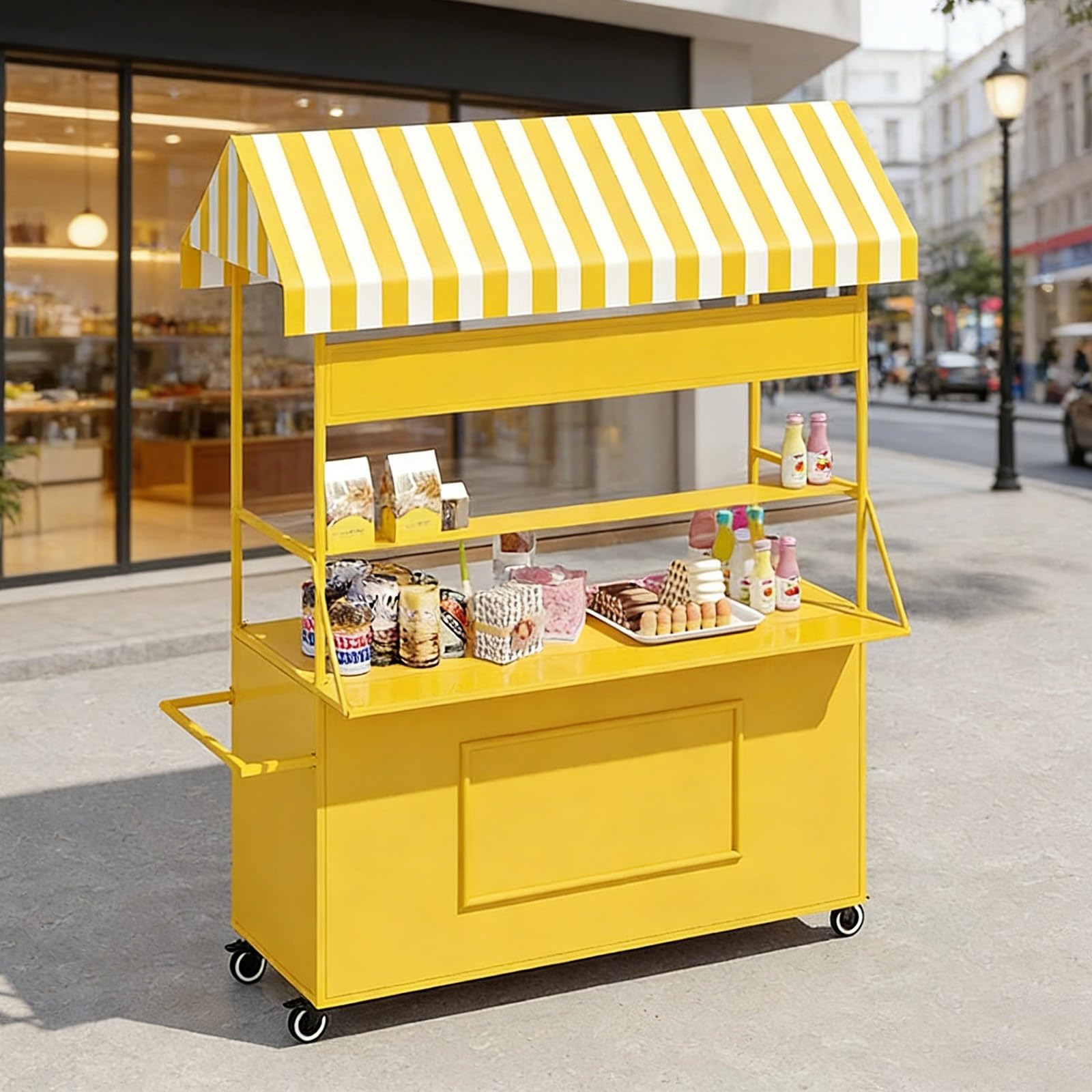 Carrello portavivande portatile con tettuccio, carrello mobile da 140 cm su ruote per eventi all'aperto e mercati di street food, stand in ferro resistente (giallo)