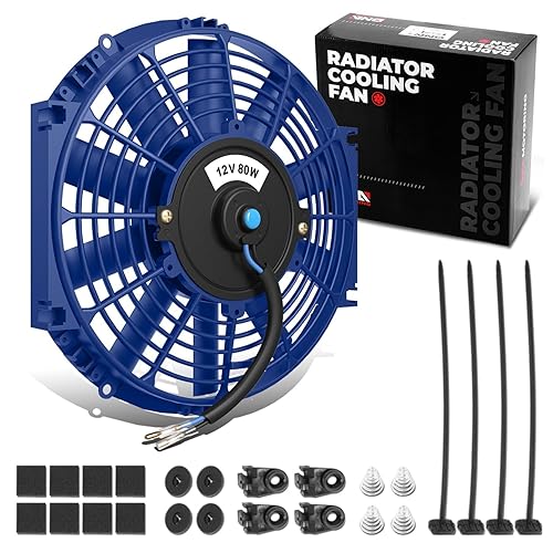 DNA MOTORING Ventilador de radiador delgado de refrigeración eléctrica de alto rendimiento de 10 pulgadas con kit de montaje, azul, RAF-10-BL+FMK