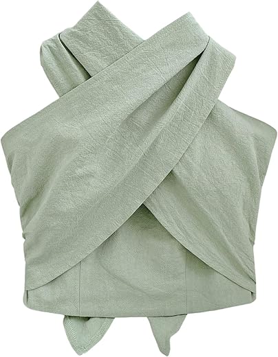 Women's Criss Cross Wrap Halter Tops Ruched Tie Backless Slim Fit Shirred Crop Top