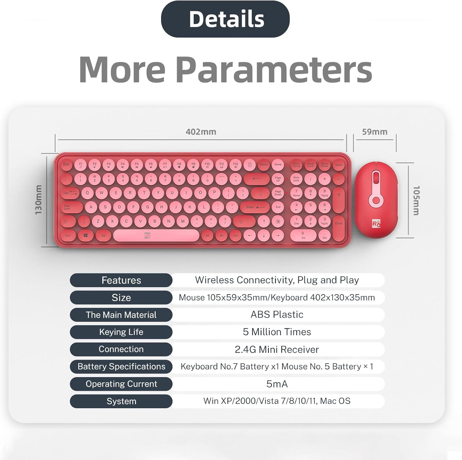 Wireless Keyboard and Mouse Combo, Retro Round Keycaps Dual-Color Design, 104 Keys Compact Full-Size, 2.4G USB, 3-Level DPI, Multimedia Keys, for Windows/Mac PC Laptop (Red)