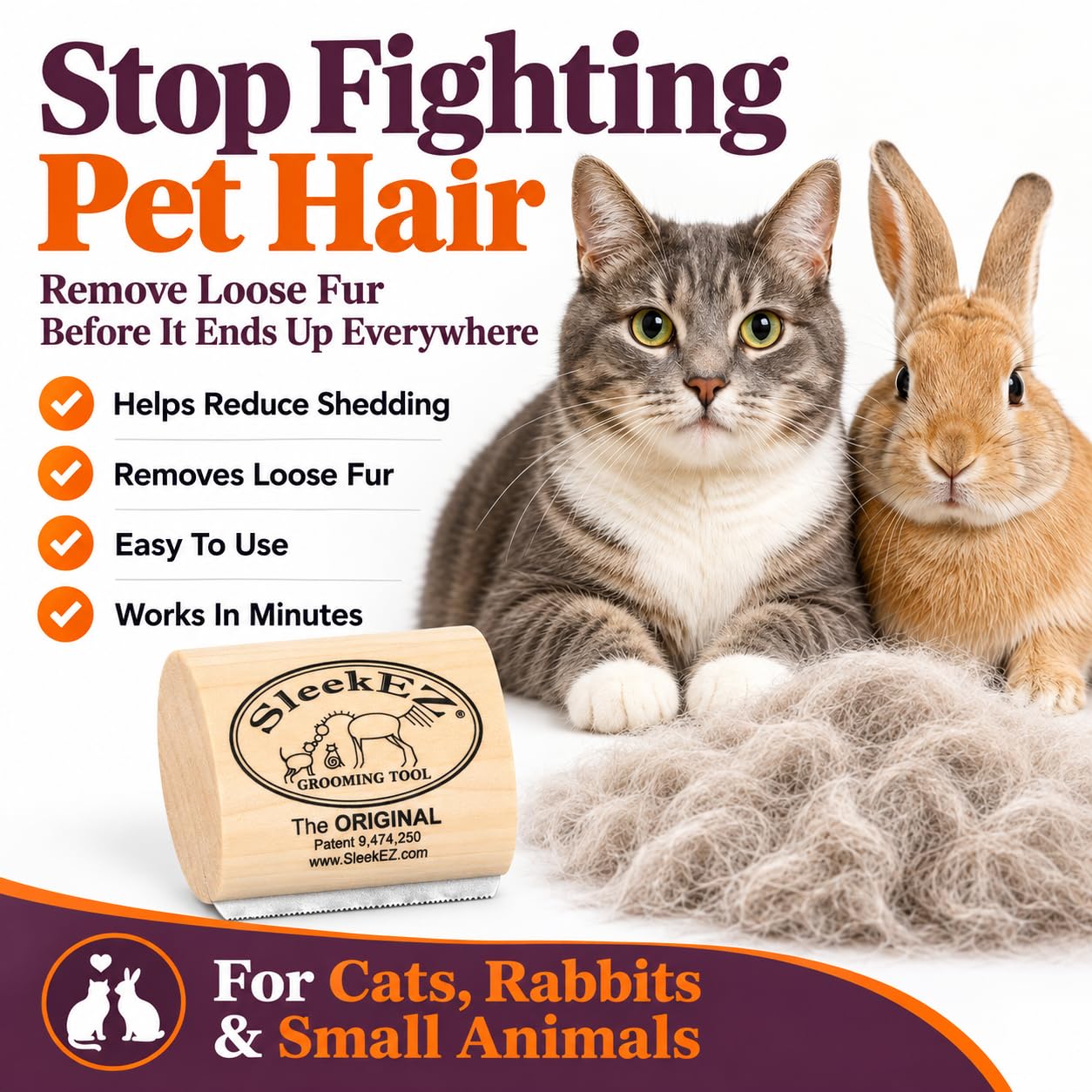 SleekEZ Cat Brush for Shedding - Deshedding Brush for Cats - Patented Grooming Tool for Removing Loose Fur, Undercoat & Hair - Made in USA - Works on Short, Medium & Long Coats view 3