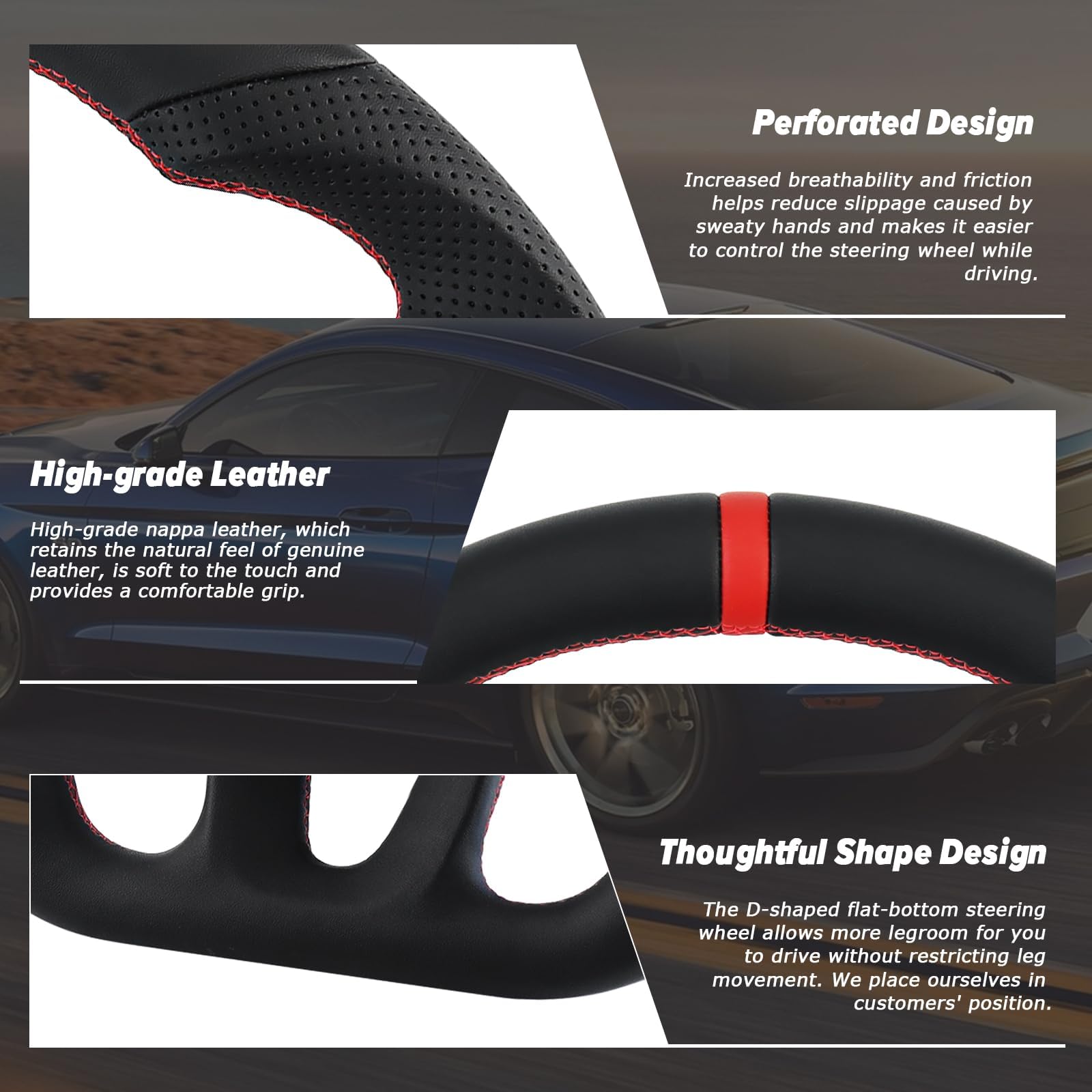 LOSCHEN Full Leather Steering Wheel for Dodge Upgrade D-shaped Flat-bottom Perforated Leather Steering Wheel for Dodge/Jeep Grand Cherokee/SXT/GT/RT/SRT/HELLCAT