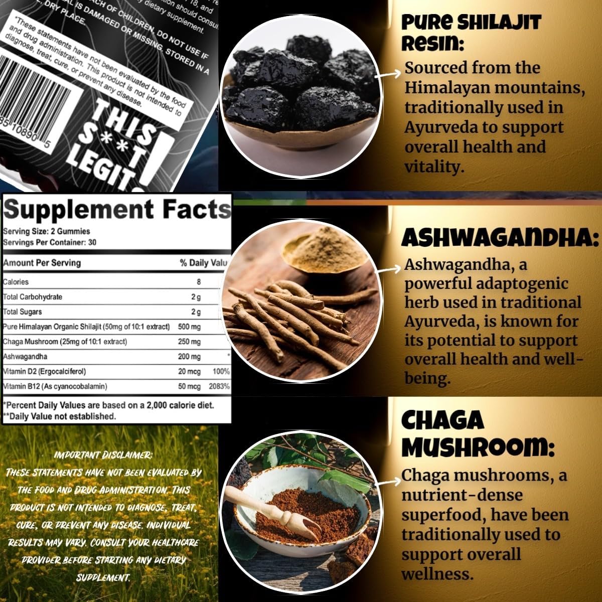 Pure Himalayan Shilajit Gummies with Ashwagandha and Chaga Mushrooms, Vitamin D2 and B12, Fulvic Acid and 85+ Trace Minerals | Plant-Based, Vegan, Gluten Free | 60 Gummies - 30 Servings