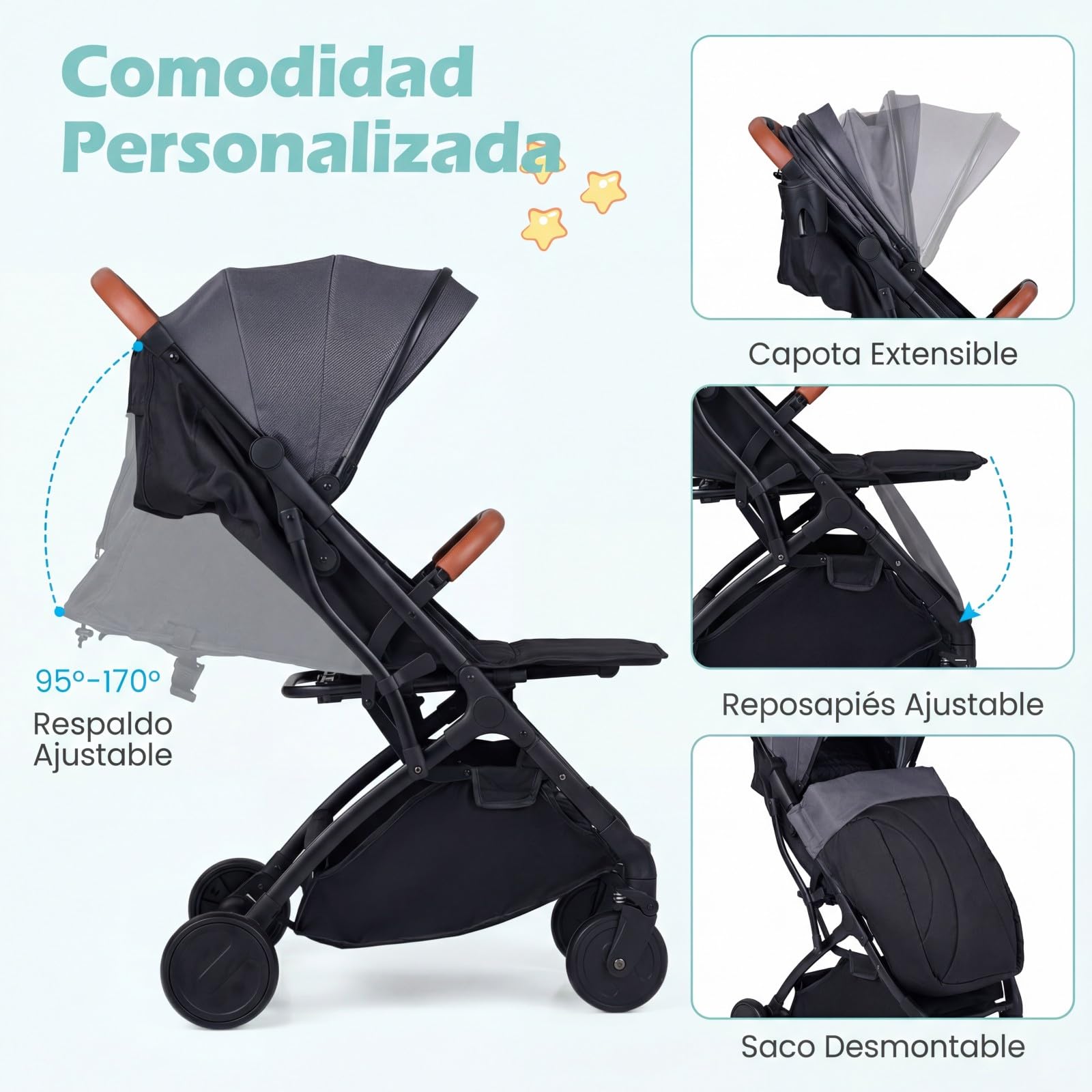 COSTWAY Silla de Paseo Plegable para Bebés, Cochecito Infantil Ligero con Respaldo, Capota y Reposapiés Ajustables, Cubierta para Lluvia,Saco para Pies y Cesta,Carrito para Niños de 0-36 Meses (Gris)