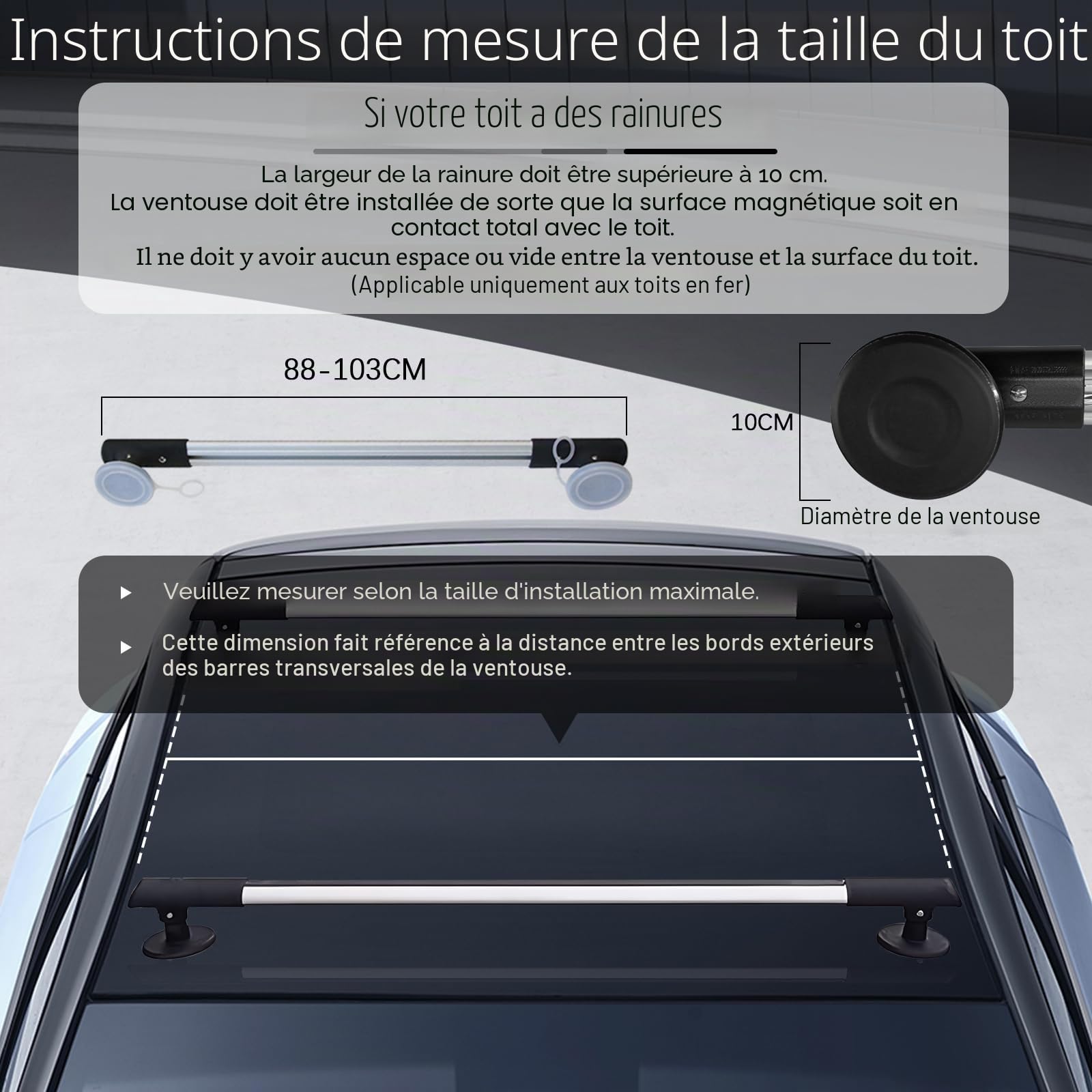 Barres de toit magnétiques avec ventouses - Convient à la plupart des véhicules - Charge maximale : 150 kg - Barres de toit réglables en aluminium - 88 à 103 cm