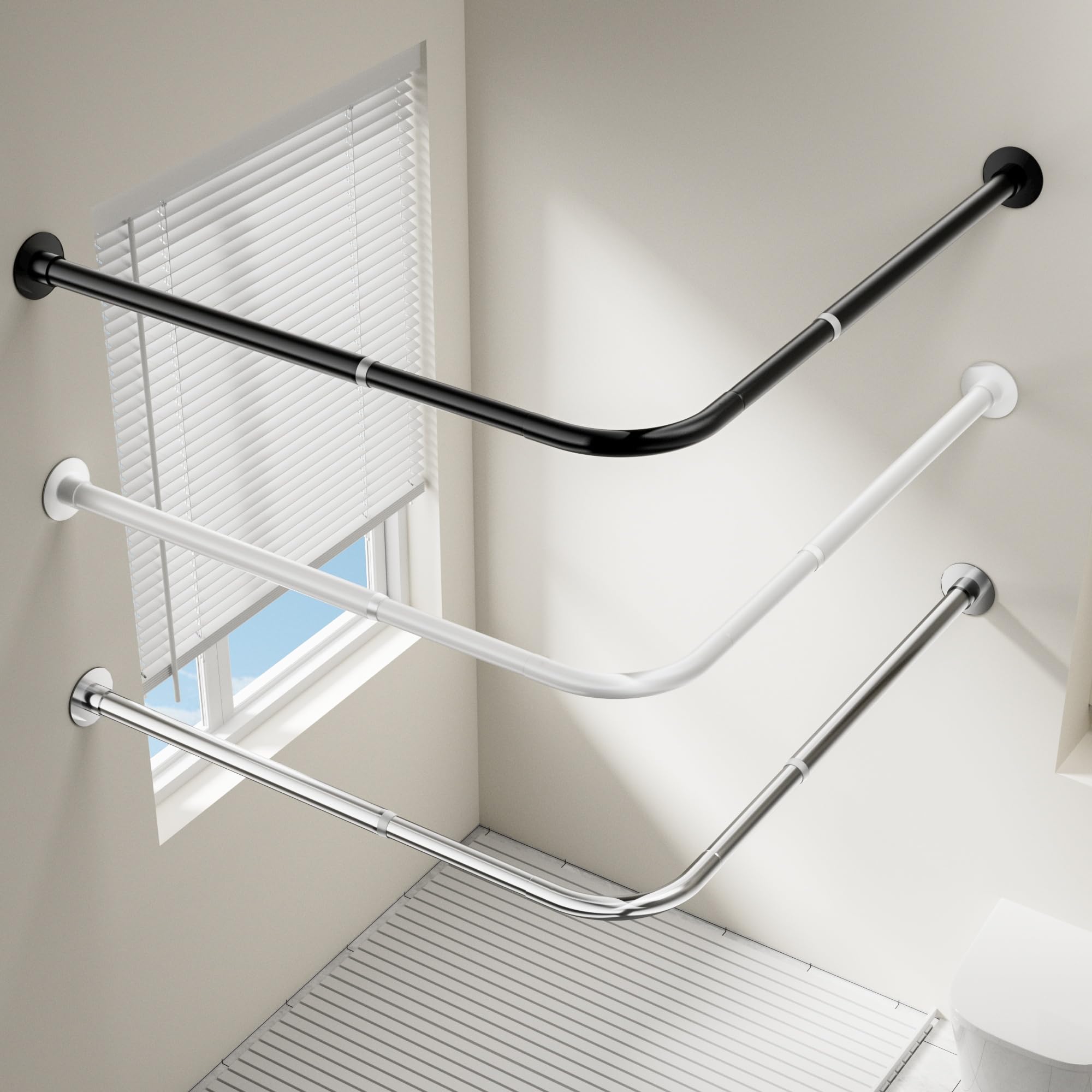 Onpira® Eck-Duschvorhangstange Teleskop L-Form 90–180 cm – Edelstahl, selbstklebend oder schraubbar – Ohne Bohren – In Silber, Schwarz, Weiß – 12 Varianten wählbar (Selbstklebend Edelstahl, 90x180cm)