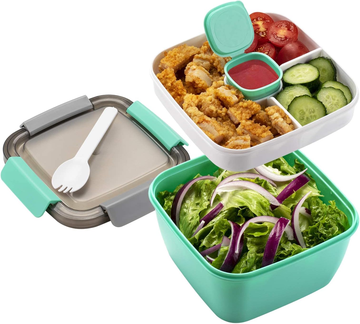 Salad Lunch Container To Go, BPA-Free, 52-oz Salad Bowls with 3 Compartments, Salad Dressings Container for Salad Toppings, Snacks, Men, Women, Microwave Safe, Built-In Reusable Fork (Green)