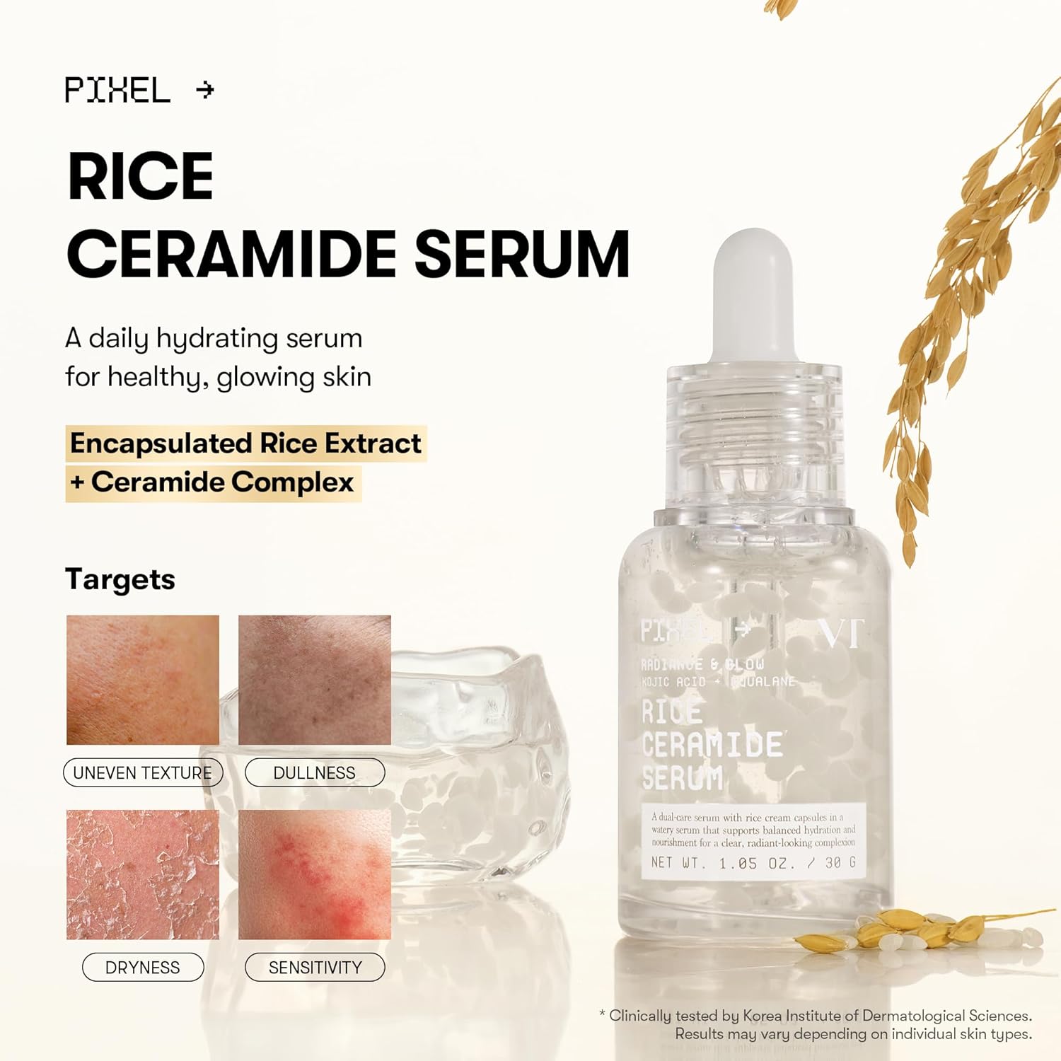 VT COSMETICS Rice Ceramide Serum, Hydrating Face Serum with Rice Extract & Ceramide Complex, Moisturizing Barrier Care Serum for Dry, Dull, Sensitive Skin, Daily Korean Skincare, 1.05 fl.oz