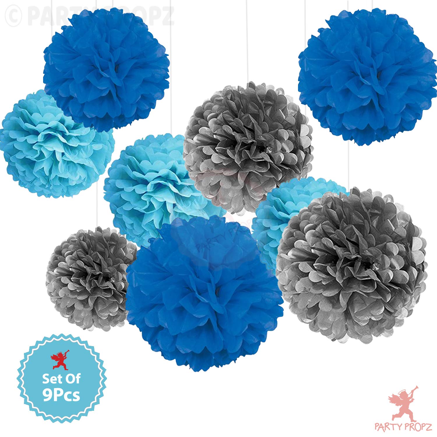 Party Propz Paper Pom Pom for Decoration 10 Inches Set of 9 Pcs (Silver, Light Blue & Dark Blue)