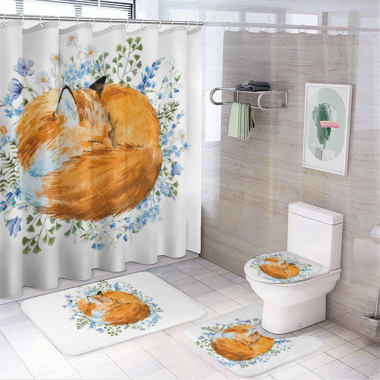 JZemdybill Bathroom Mat Set 4 Piece, Watercolor Foxes Shower Curtain with Non-Slip Bath Mats for Bathroom