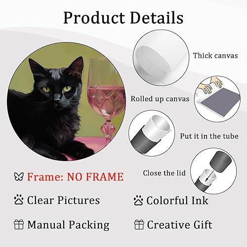 Miniatura 5 de Lienzo de gato negro funky para pared, póster de vino de gato negro, imágenes de bebidas retro, pinturas divertidas de animales, imagen abstracta de