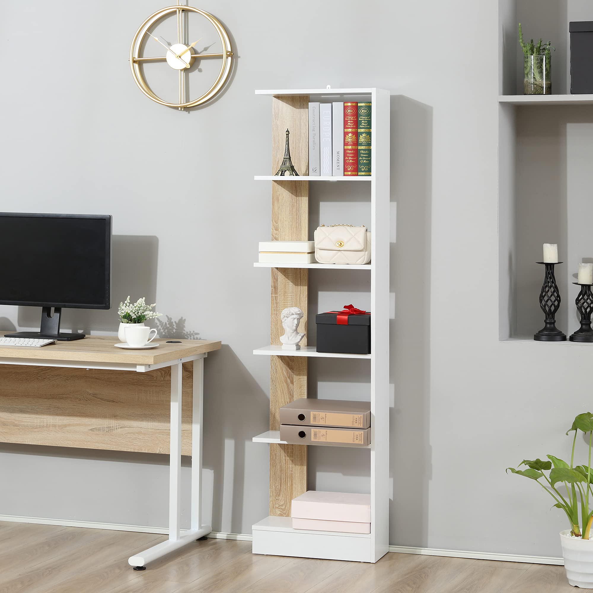 HOMCOM Bibliothèque Étagère de Rangement 45 x 21 x 170 cm Blanc et Chêne | 5 Compartiments Ouverts, Design Simple Moderne, Idéale pour Salon Chambre Bureau