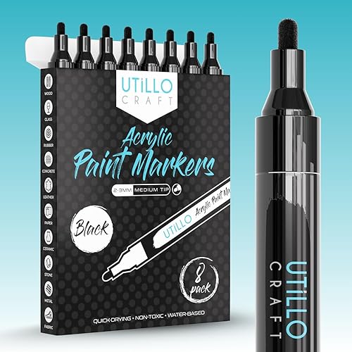 Marcadores de pintura negra (paquete de 8) de 2 a 0.118in, punta mediana fabricada en Japón, para roca, lienzo, metal, madera, tela, cuero, vidrio,