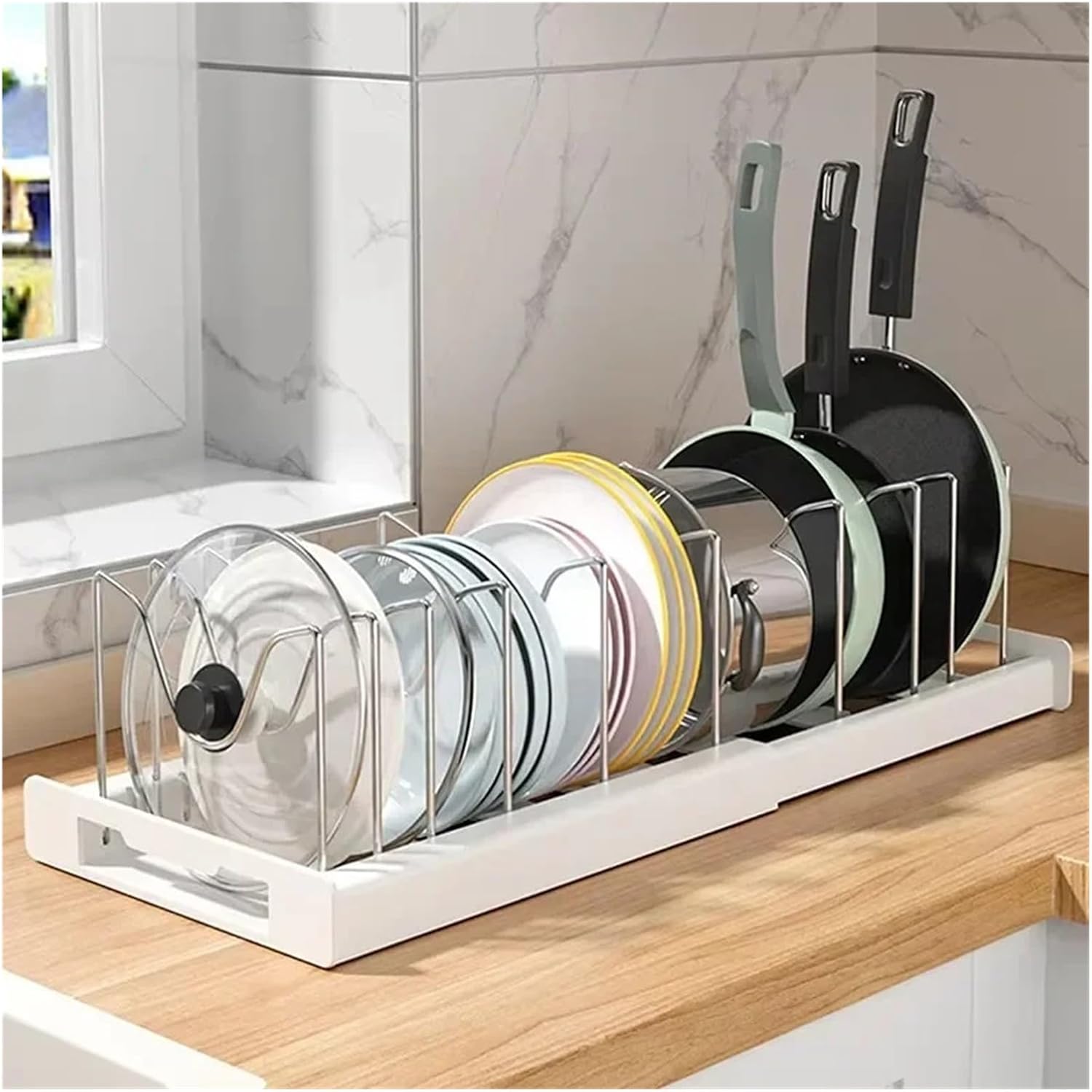 Expandable Pans Organizer Rack 7 Adjustable Compartments Dish Storage Pot Lid Pots Holder Kitchen Utensils(Gray)