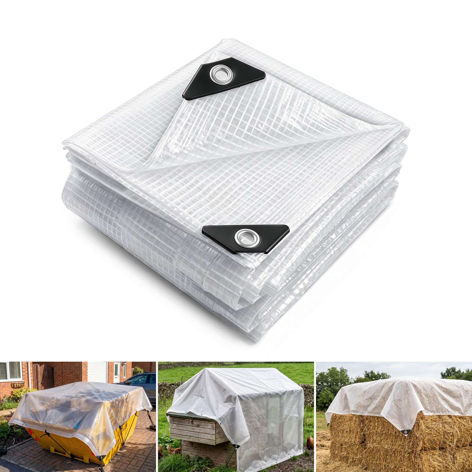 AMFUN 130GSM Clear Leno Tarpaulin, Heavy Duty Waterproof UV Resistant Mesh Cover with Rubber Reinforced Corners & Thick Edges for Greenhouse Plant Shelter Garden Patio Groundsheet, 2m x 4m