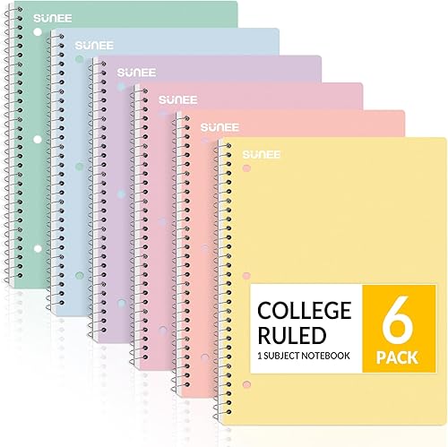 SUNEE Cuadernos en espiral, paquete de 6, 1 materia, papel rayado universitario, 8 x 10-12 pulgadas, 70 hojas por cuaderno, cuadernos en espiral de