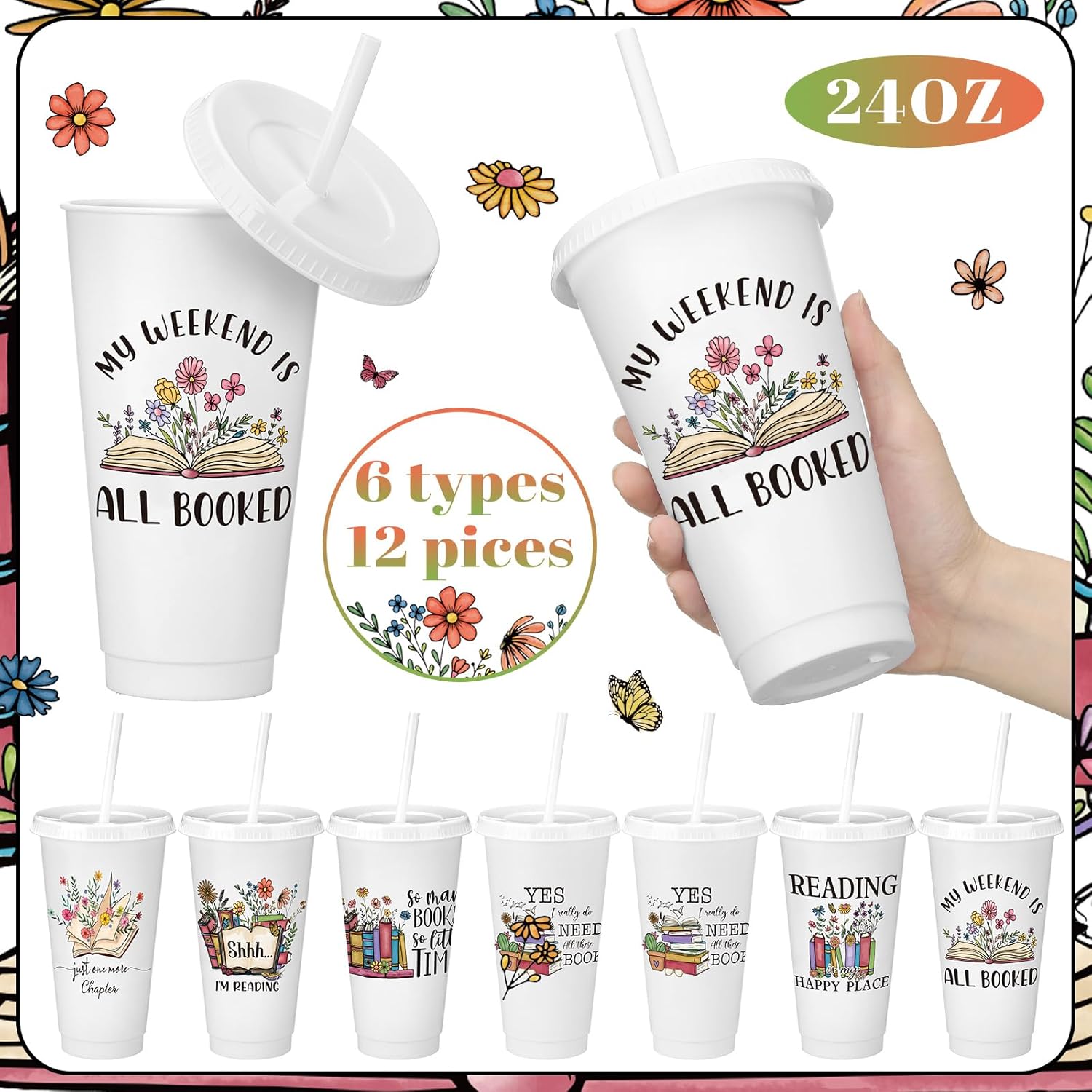 Sliner 12 Pcs Book Lovers Gifts 24 oz Book Club Tumbler with Straw and Lid Bookish Librarian Appreciation Gifts for Readers Bookworms Themed Party - Image 2