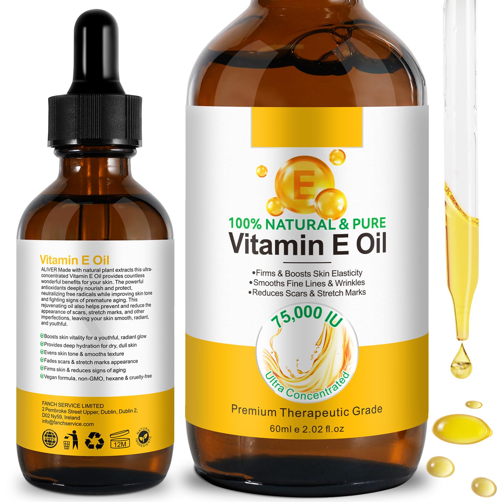 Huile de vitamine E 100 % naturelle, 75 000 IU ultra concentrée, qualité thérapeutique, soin de la peau anti-âge pour cicatrices et vergetures, 60 ml