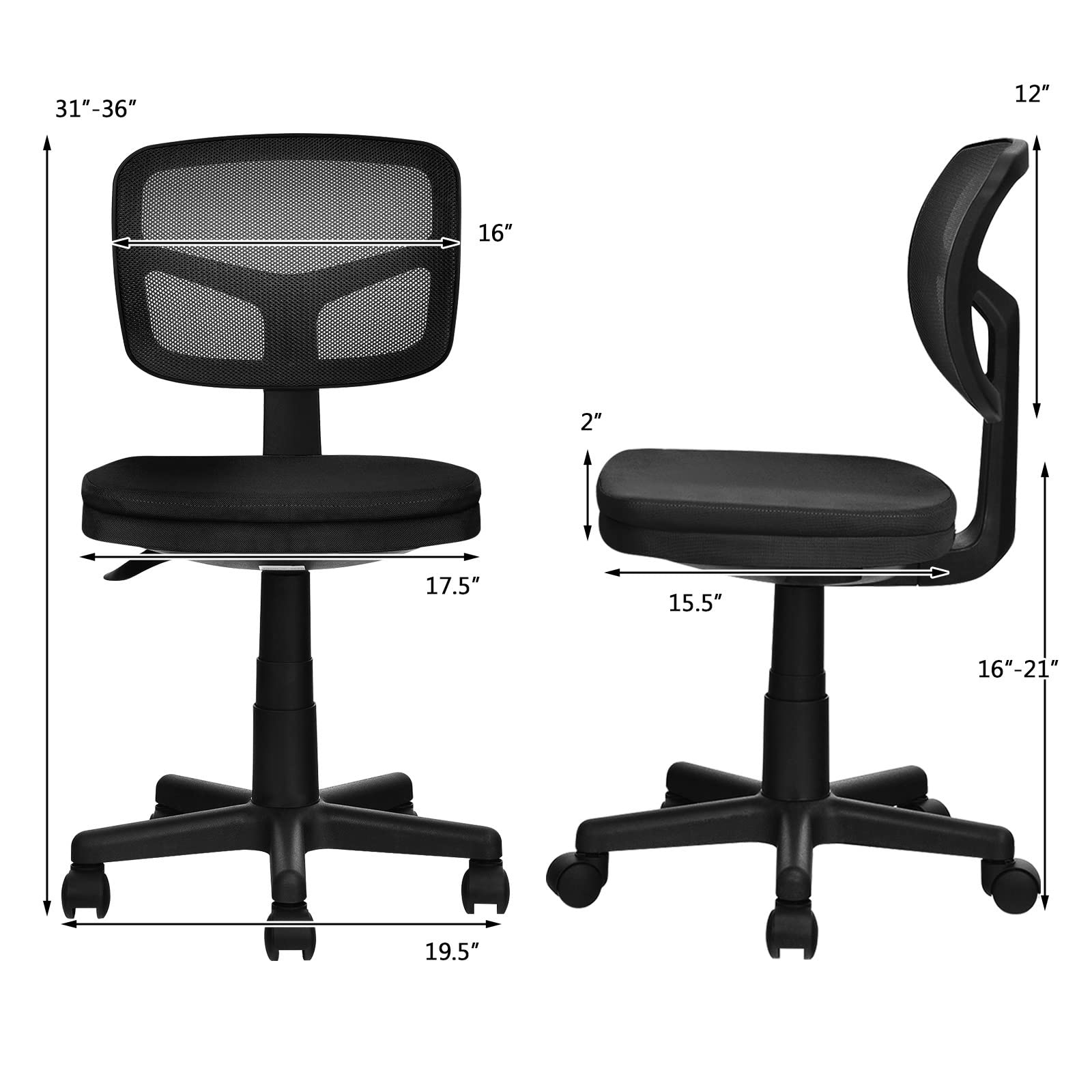 Regulowane krzesło biurowe z obrotową siatką bez podłokietników dla ergonomicznego komfortu, idealne do użytku domowego i biurowego (czarne)