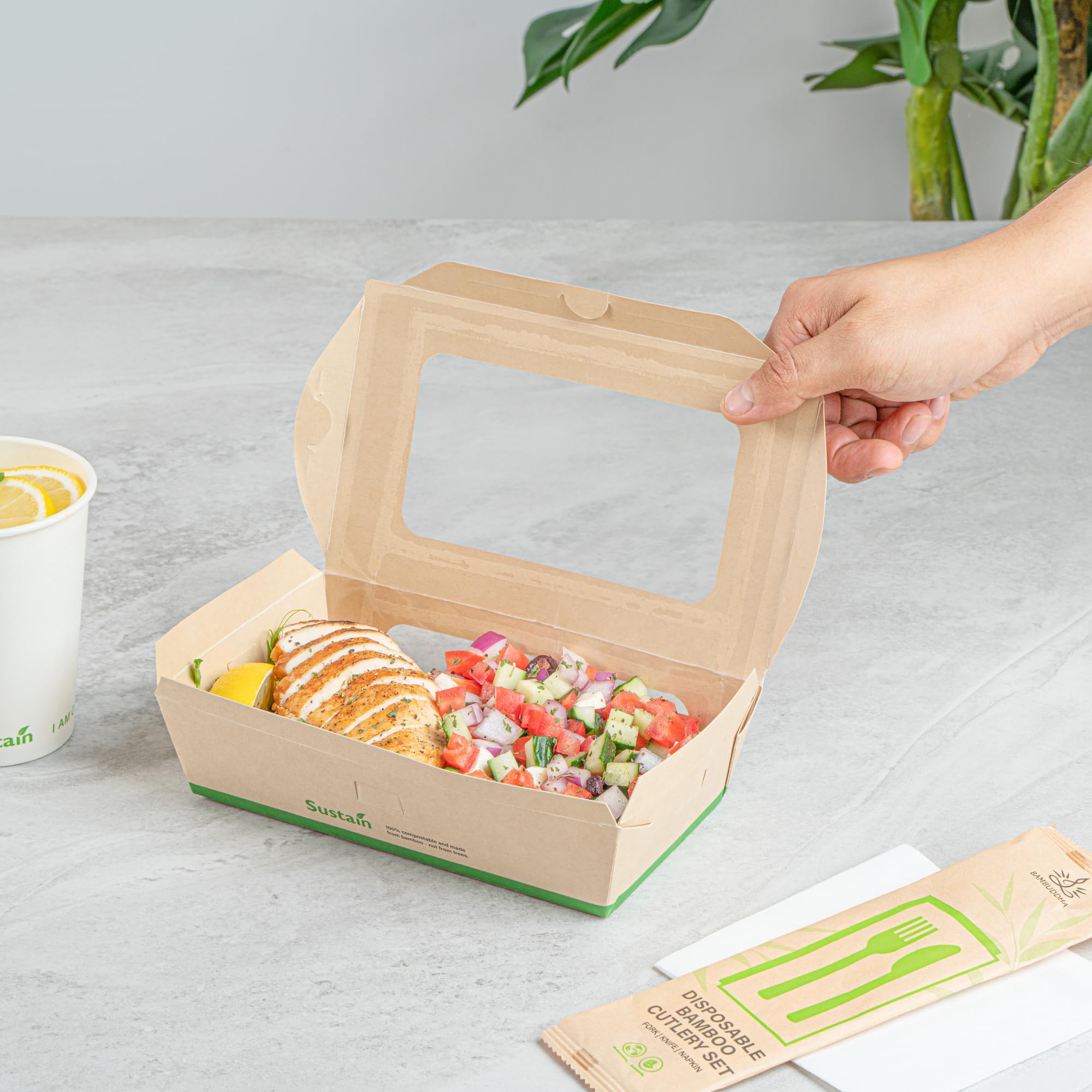 Restaurantware - Stabile Papierboxen zum Herausnehmen von 100 ml, 200 Einwegbehälter zum Herausnehmen – mit PLA-Futter, zwei transparenten Fenstern, Bambus-Papierbehältern, kompostierbar,