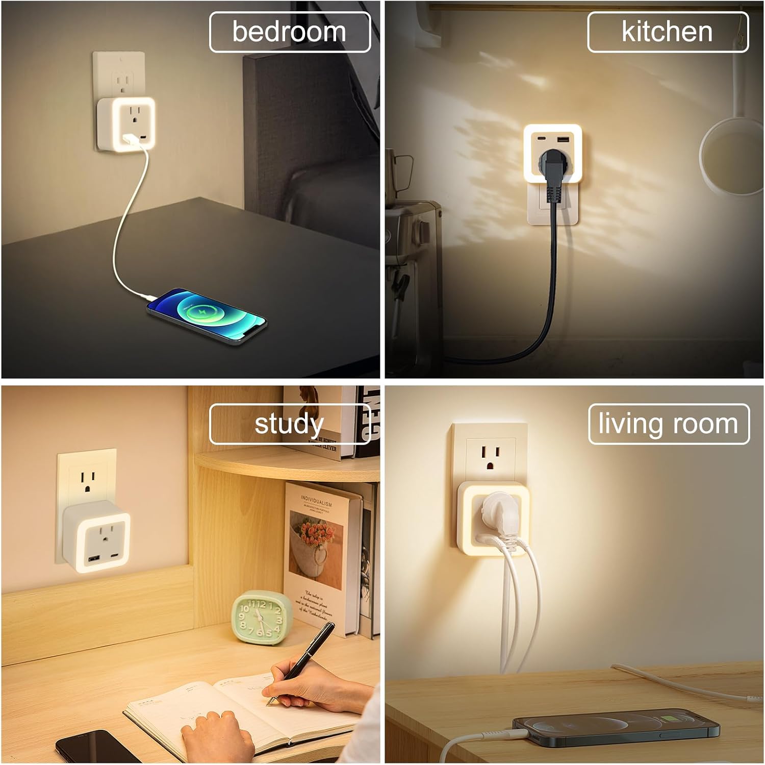 Night Lights Plug Into Wall 2 Pack Rechargeable Battery Backup Light Dusk to Dawn Sensor Night Light with Outlet Expander for Adults Kids Bedroom, Kitchen, and Bathroom (2, warm white, 3000K-D)