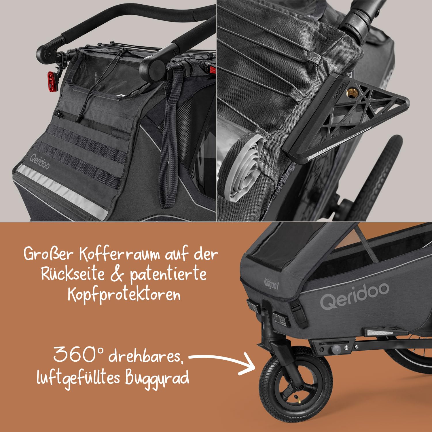 Qeridoo Kidgoo 1 Steel Grey Fahrradanhänger 1 Kind mit Federung & Easy ARS klappbar Kinderbuggy 38L