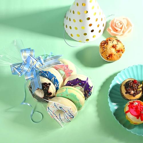 Miniatura 5 de HESTYA Paquete de 50 bolsas de celofán de 8 x 12 pulgadas con 60 lazos coloridos, bolsas de barra de pretzel transparente con parte inferior plana