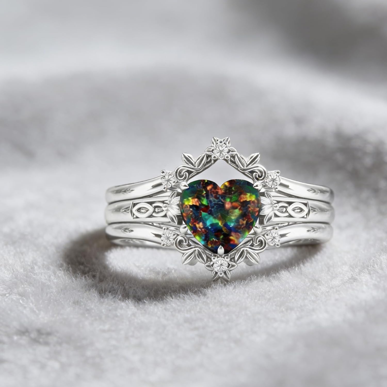 1 Carat Black Opal with Moissanite/Diamonds Engagement Ring Set 925 Sterling Silver Fire Black Opal Leaf Art Deco Ring Set for Bridal Wedding(Size 4-15)