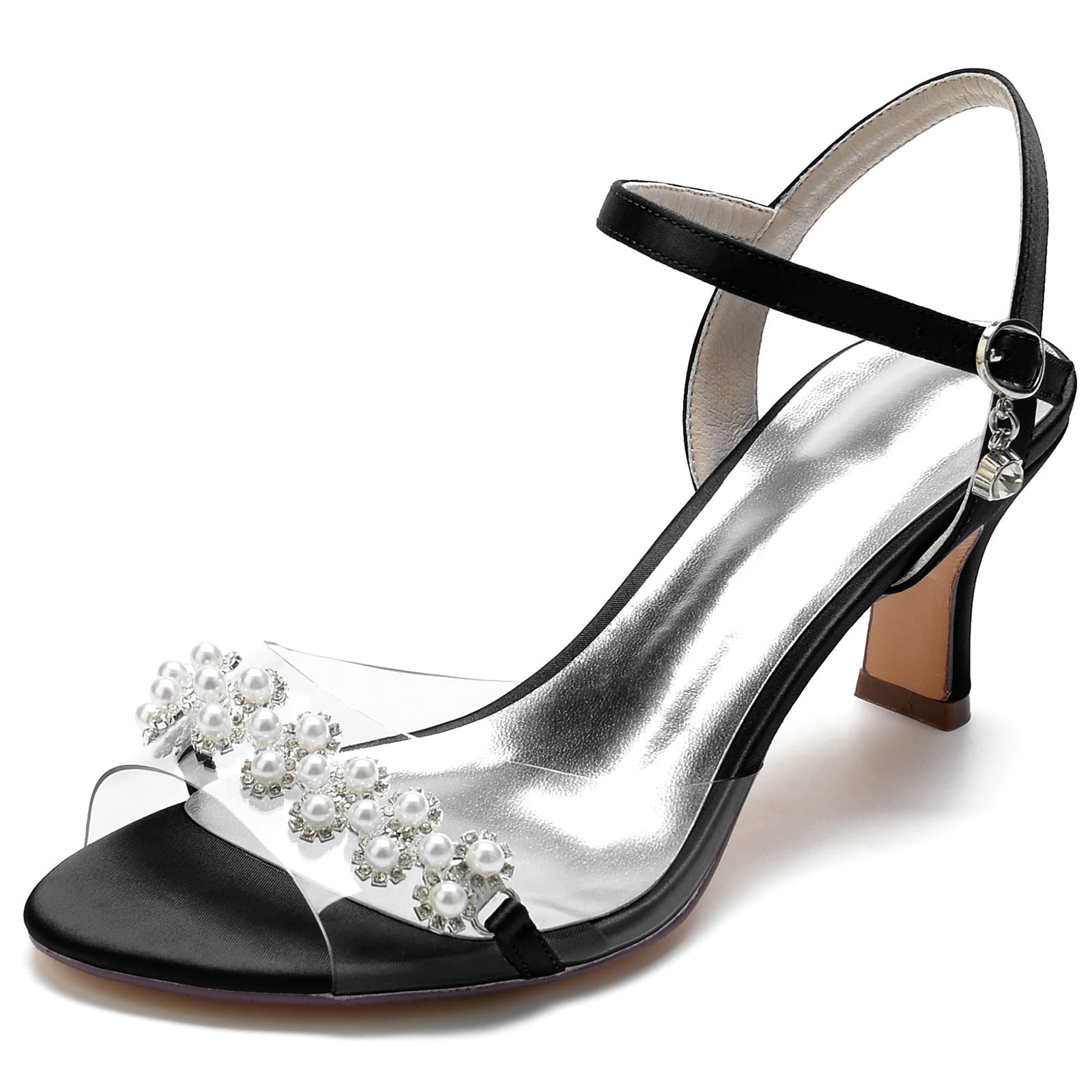 Peep Toe Scarpe Eleganti con Tacco Donna Casual Scarpe da Sposa da Festa Moda Cinturino alla Caviglia Fibbia Sandali con Tacco Medio Bridal Scarpe Estivi Scarpe,Nero,39 EU