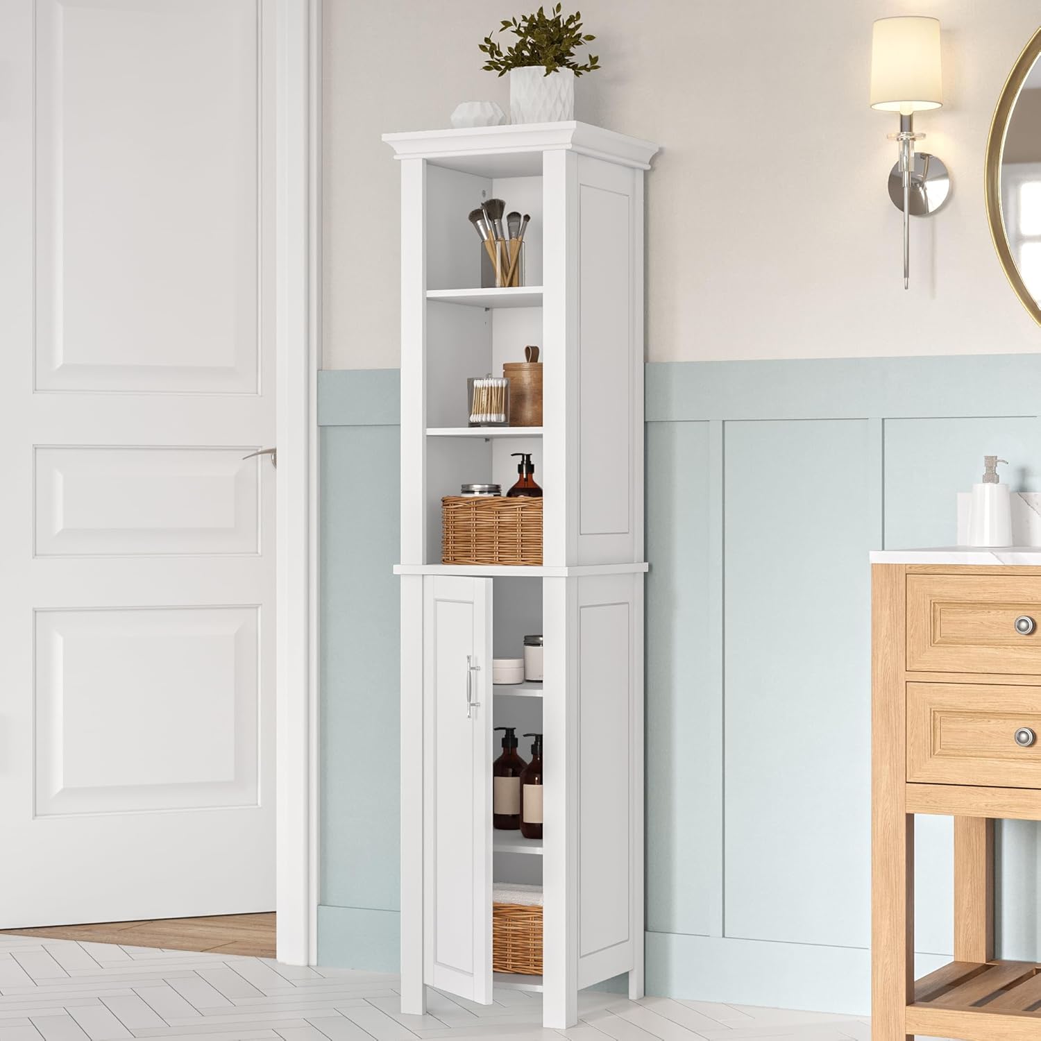 RiverRidge Somerset Single Door Tall Bathroom Storage Cabinet - Narrow Floor Cabinet with 3 Open Shelves & 3 Enclosed Shelves - Slim Linen Tower for Compact Spaces - Wall-Mountable Organizer
