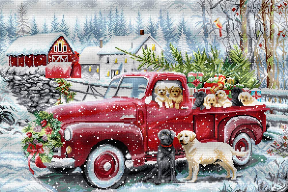 Awesocrafts Christmas Cross Stitch Stamped Kits Delivery Van Dogs Easy Patterns Cross Stitching Embroidery Needlework Kit Supplies 14Ct 2 Strands