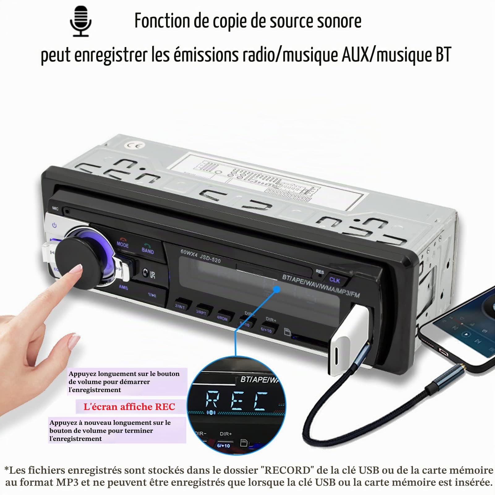 Autoradio, Multimédia Autoradio Bluetooth Audio et Appels Mains Libres, Diffusion Vocale, Double Lecteur BT, Commande Vocale AI, MP3/USB, Radio FM, Prise en Charge de L'enregistrement Audio