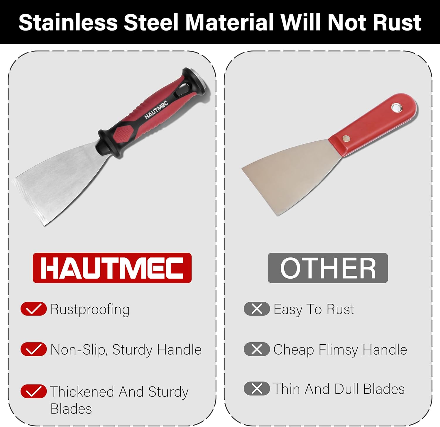 HAUTMEC 3pc Putty Knife Set, 1.25 in - 2 in - 3 in Paint Scraper, Flat Heavy Duty Stainless Steel Blade and Hammer End for Removing Wallpaper for Puttying Plaster, Cement HT0062-PT